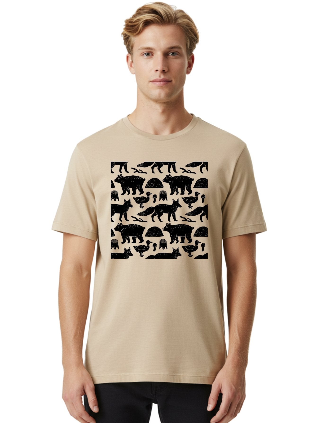 Woodland-Animal-Pattern Men'S Graphic Tee, 100% Cotton, Comfortable Casual Summer Wear, Machine Washable, Black Silhouettes Of Bears, Foxes, Birds, Mushrooms, Branches, Forest Creatures, Wildlife Pattern, Nature Design, Forest Theme, -  Aaa618 19