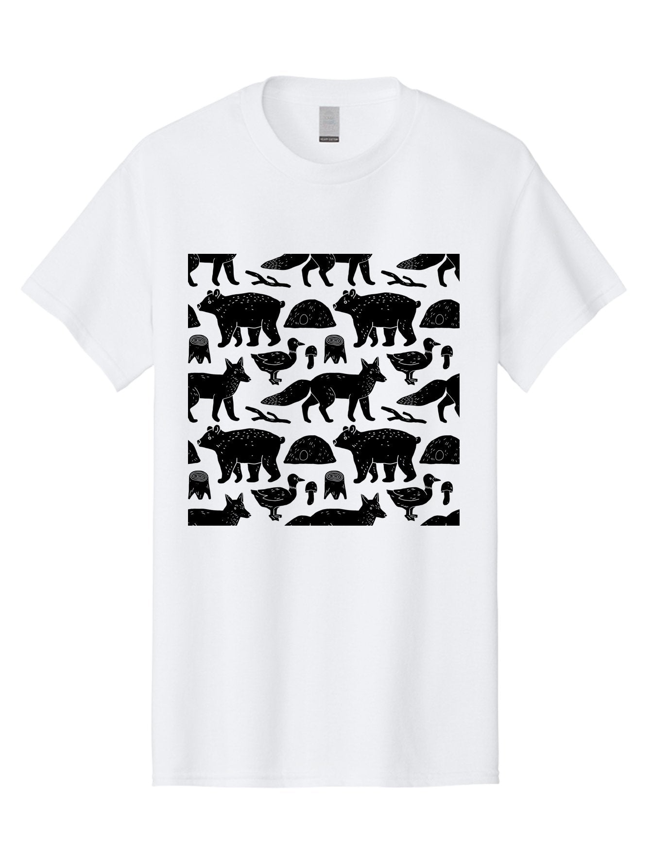 Woodland-Animal-Pattern Men'S Graphic Tee, 100% Cotton, Comfortable Casual Summer Wear, Machine Washable, Black Silhouettes Of Bears, Foxes, Birds, Mushrooms, Branches, Forest Creatures, Wildlife Pattern, Nature Design, Forest Theme, -  Aaa618 6