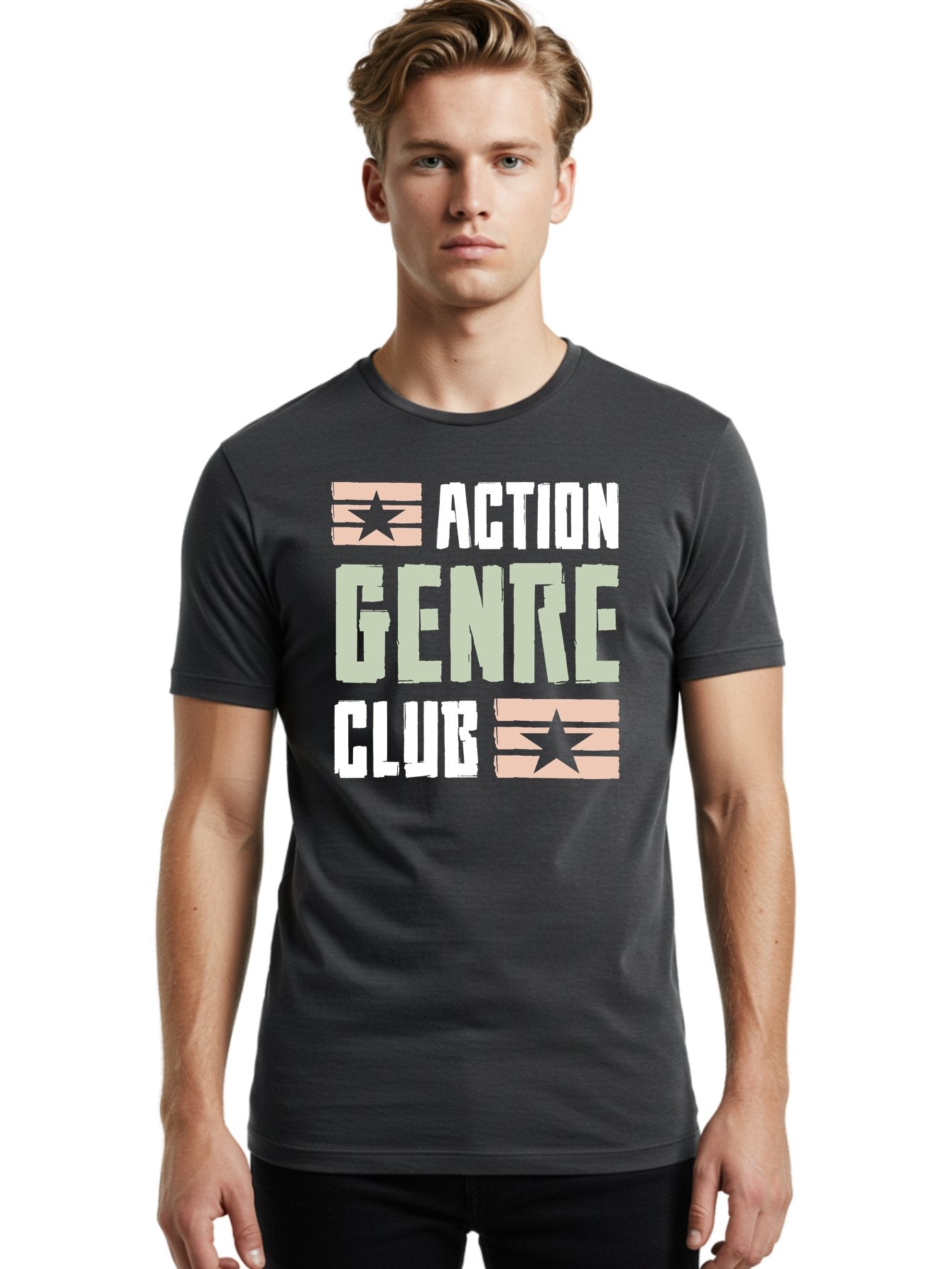 Action-Genre-Club Men'S Graphic Tee, 100% Cotton, Comfortable Casual Summer Wear, Machine Washable, Action Genre, Action Movies, Film Enthusiasts, Movie Buffs, Club Logo, Entertainment, Cinematic Experience, Adventure, Thriller, Blockbuster -  Aaa619 27