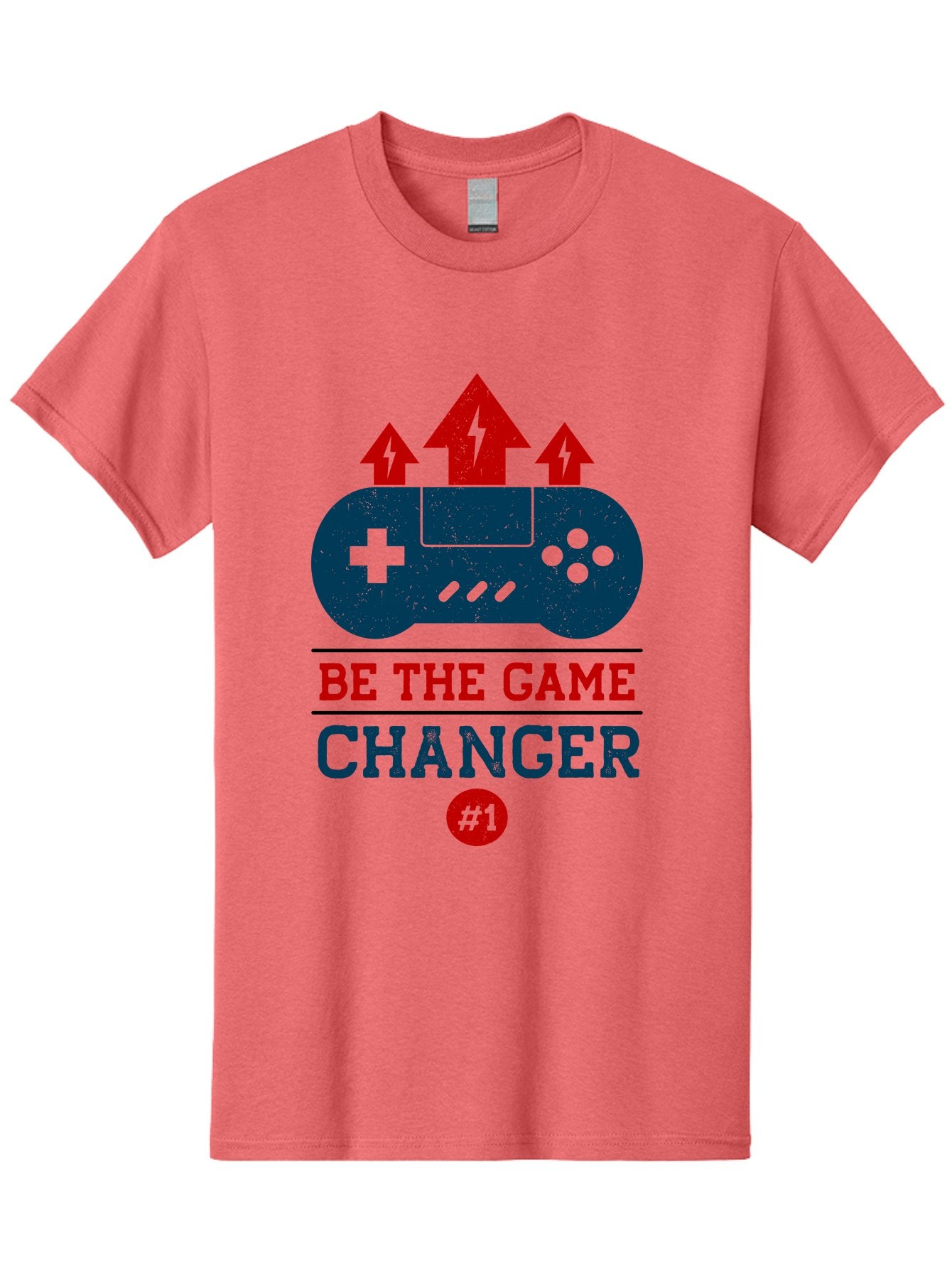 Be-The-Game-Changer Men'S Graphic Tee, 100% Cotton, Comfortable Casual Summer Wear, Machine Washable, Gaming Inspiration, Motivational Quote, Game Changer, Video Game Controller, Red And Blue Colors, Arrows Pointing Up, Positive Energy, -  Aaa620 15