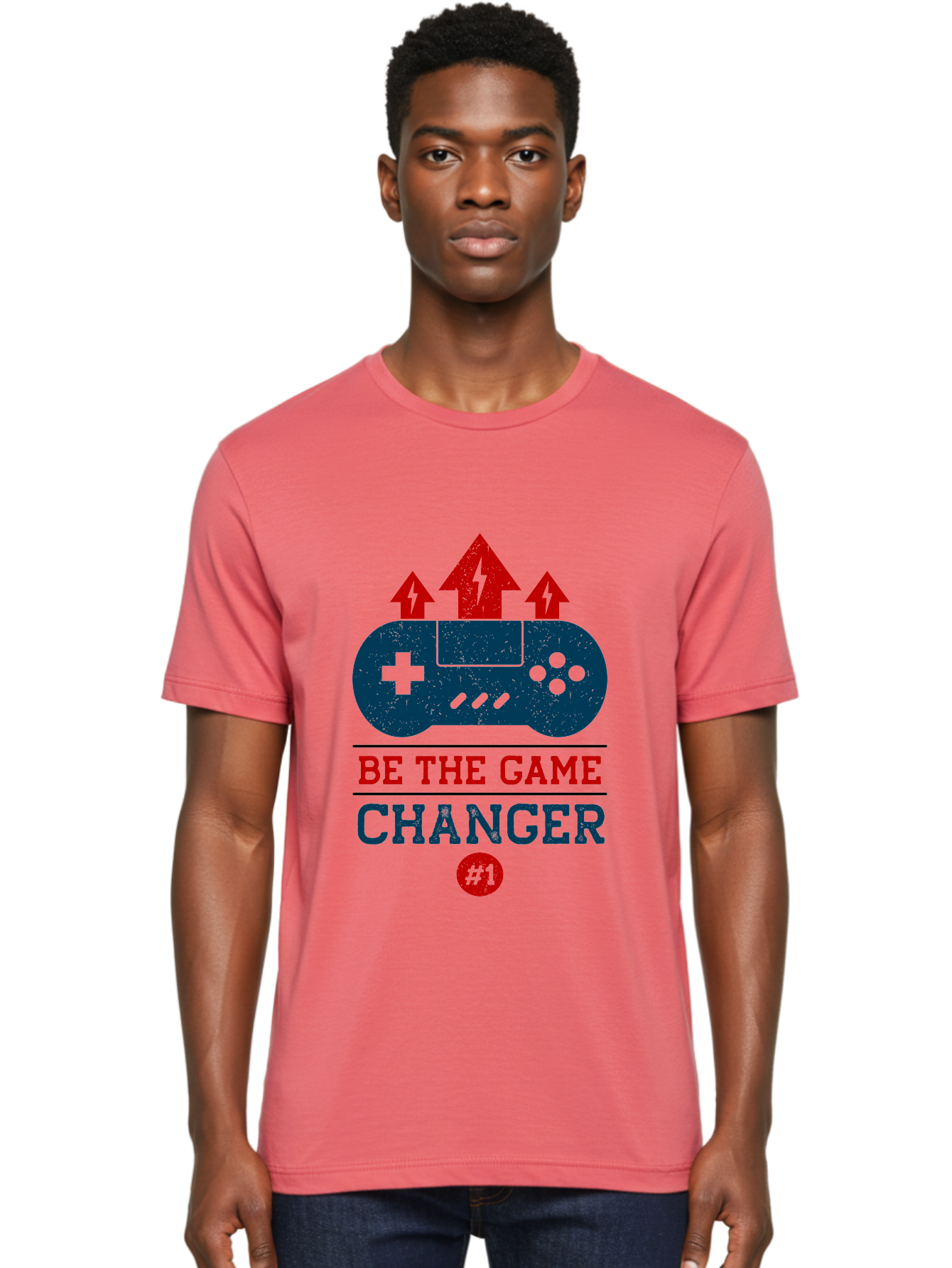 Be-The-Game-Changer Men'S Graphic Tee, 100% Cotton, Comfortable Casual Summer Wear, Machine Washable, Gaming Inspiration, Motivational Quote, Game Changer, Video Game Controller, Red And Blue Colors, Arrows Pointing Up, Positive Energy, -  Aaa620 30