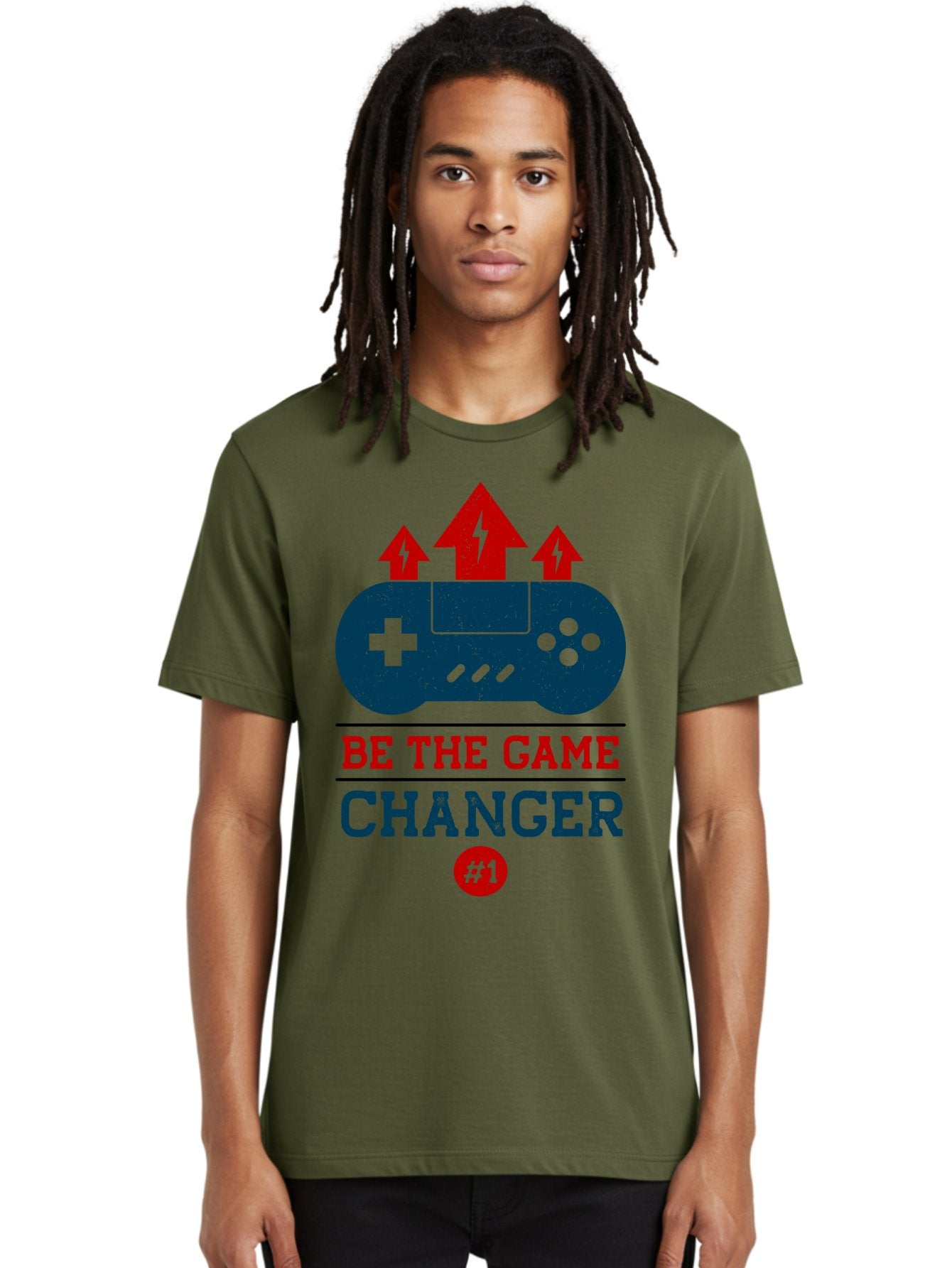 Be-The-Game-Changer Men'S Graphic Tee, 100% Cotton, Comfortable Casual Summer Wear, Machine Washable, Gaming Inspiration, Motivational Quote, Game Changer, Video Game Controller, Red And Blue Colors, Arrows Pointing Up, Positive Energy, -  Aaa620 21