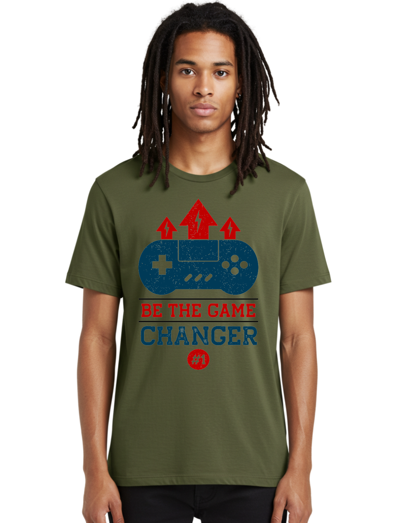Be-The-Game-Changer Men'S Graphic Tee, 100% Cotton, Comfortable Casual Summer Wear, Machine Washable, Gaming Inspiration, Motivational Quote, Game Changer, Video Game Controller, Red And Blue Colors, Arrows Pointing Up, Positive Energy, -  Aaa620 16
