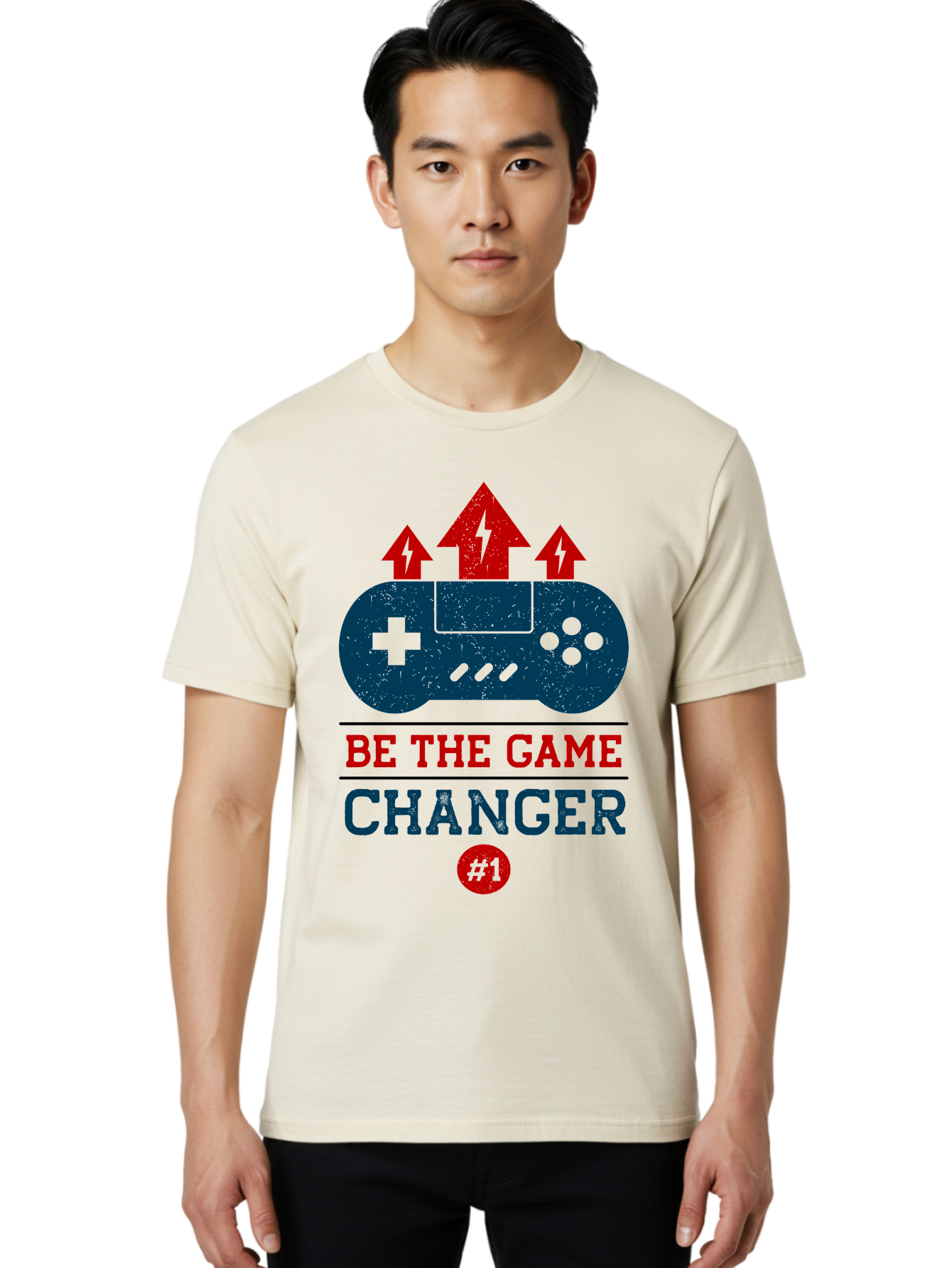 Be-The-Game-Changer Men'S Graphic Tee, 100% Cotton, Comfortable Casual Summer Wear, Machine Washable, Gaming Inspiration, Motivational Quote, Game Changer, Video Game Controller, Red And Blue Colors, Arrows Pointing Up, Positive Energy, -  Aaa620 18