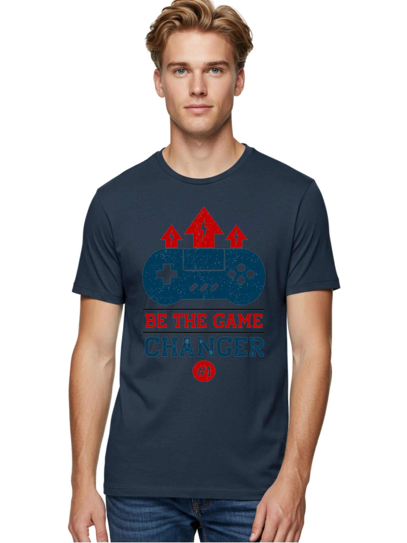 Be-The-Game-Changer Men'S Graphic Tee, 100% Cotton, Comfortable Casual Summer Wear, Machine Washable, Gaming Inspiration, Motivational Quote, Game Changer, Video Game Controller, Red And Blue Colors, Arrows Pointing Up, Positive Energy, -  Aaa620