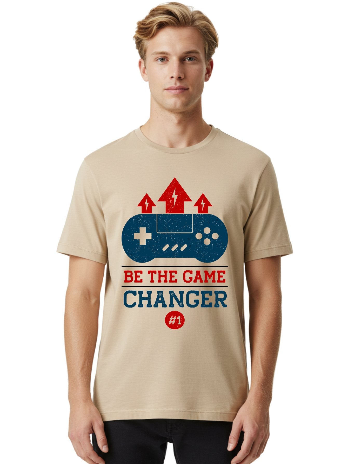 Be-The-Game-Changer Men'S Graphic Tee, 100% Cotton, Comfortable Casual Summer Wear, Machine Washable, Gaming Inspiration, Motivational Quote, Game Changer, Video Game Controller, Red And Blue Colors, Arrows Pointing Up, Positive Energy, -  Aaa620 16