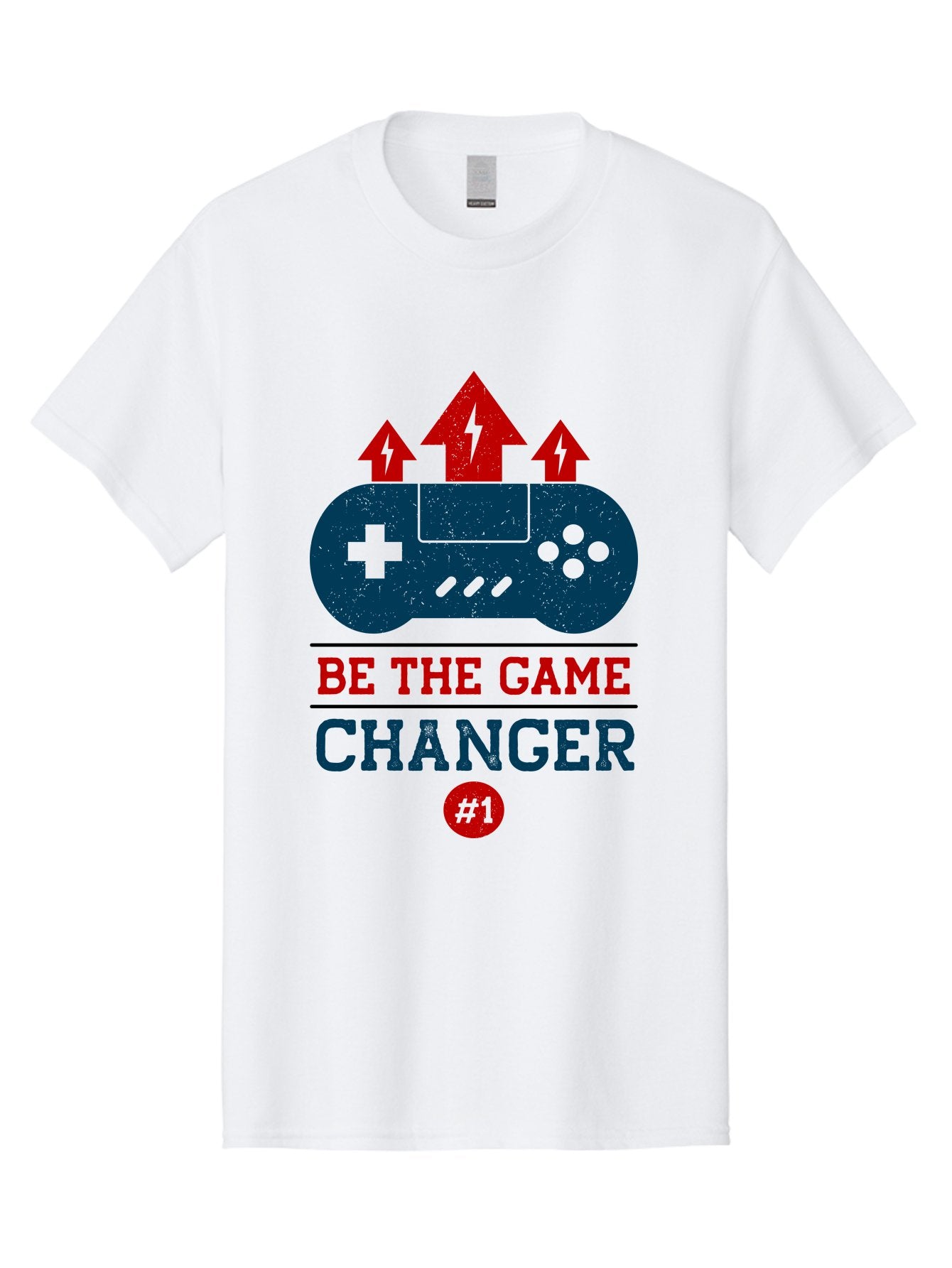 Be-The-Game-Changer Men'S Graphic Tee, 100% Cotton, Comfortable Casual Summer Wear, Machine Washable, Gaming Inspiration, Motivational Quote, Game Changer, Video Game Controller, Red And Blue Colors, Arrows Pointing Up, Positive Energy, -  Aaa620 13