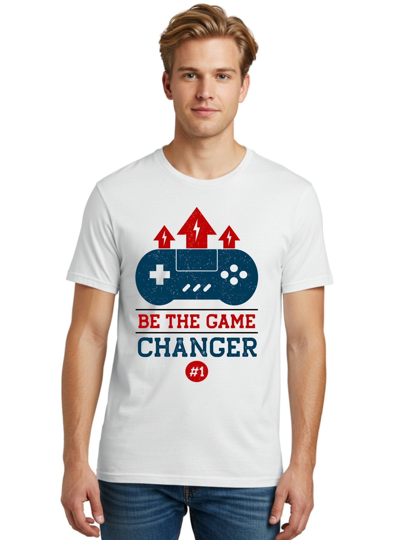 Be-The-Game-Changer Men'S Graphic Tee, 100% Cotton, Comfortable Casual Summer Wear, Machine Washable, Gaming Inspiration, Motivational Quote, Game Changer, Video Game Controller, Red And Blue Colors, Arrows Pointing Up, Positive Energy, -  Aaa620 20