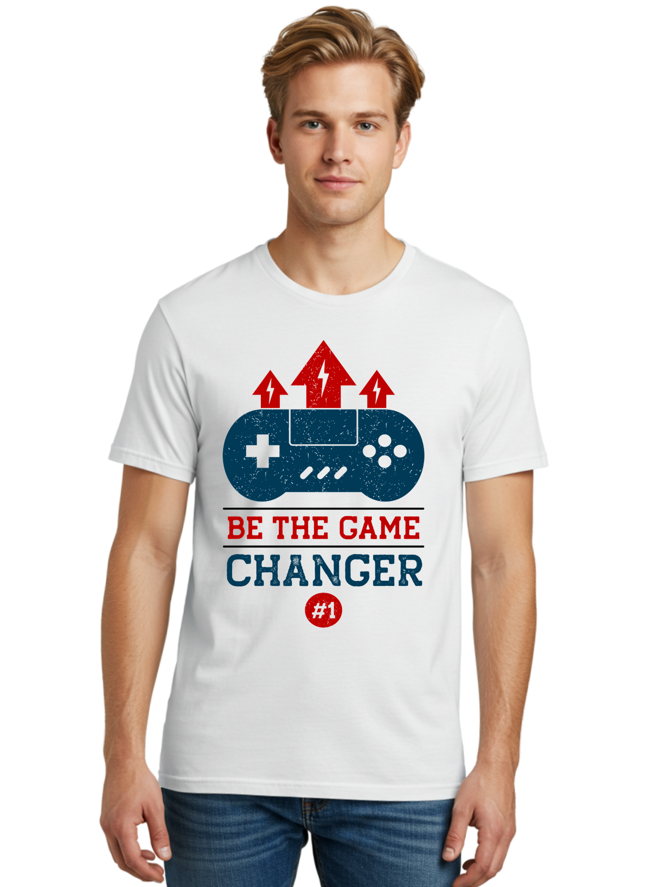 Be-The-Game-Changer Men'S Graphic Tee, 100% Cotton, Comfortable Casual Summer Wear, Machine Washable, Gaming Inspiration, Motivational Quote, Game Changer, Video Game Controller, Red And Blue Colors, Arrows Pointing Up, Positive Energy, -  Aaa620 30