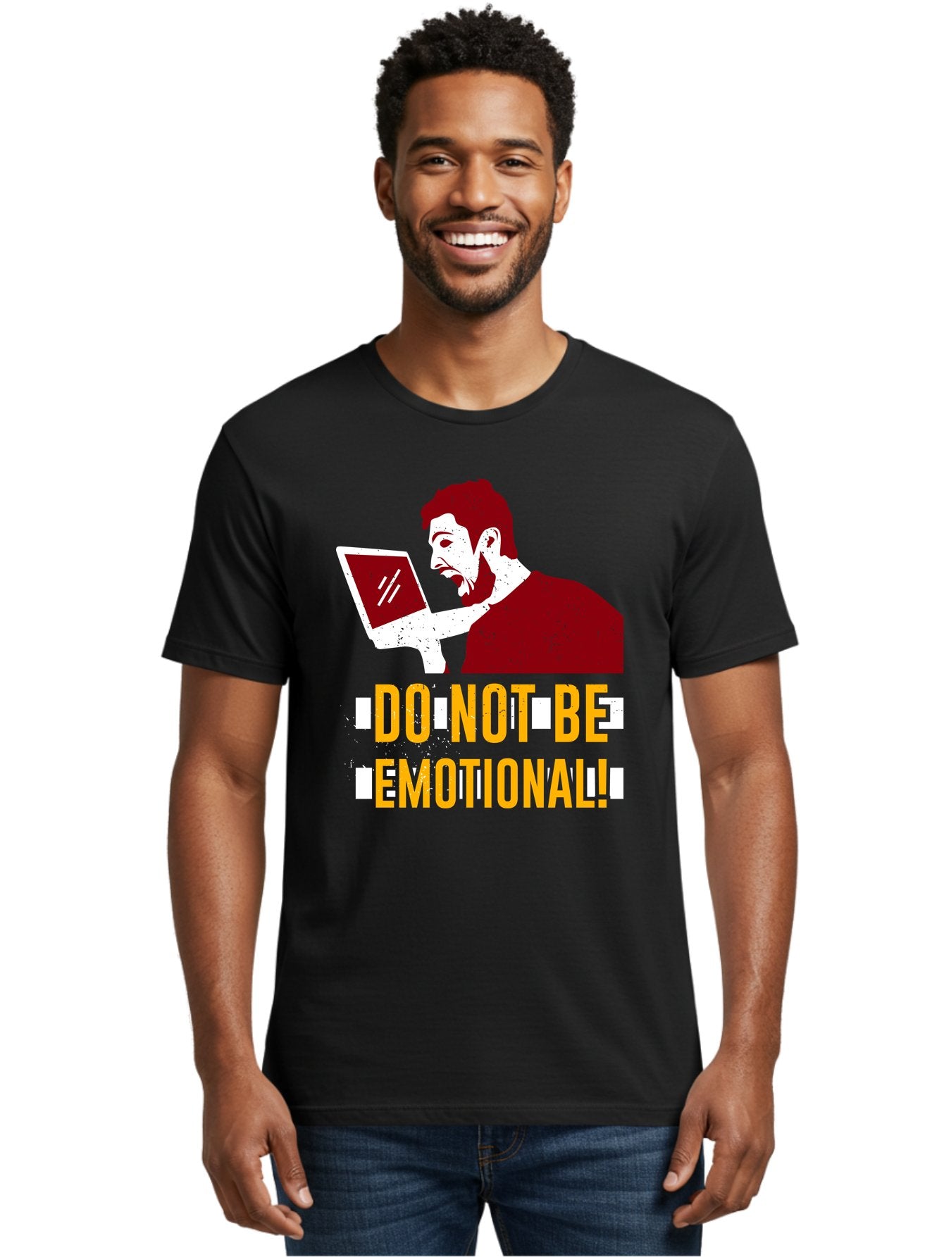 Do-Not-Be-Emotional Men'S Graphic Tee, 100% Cotton, Comfortable Casual Summer Wear, Machine Washable, Man Using Laptop, Shocked Expression, Emotional Response, Warning Message, Motivational Quote, Self-Control Reminder, Online Interaction -  Aaa622 18