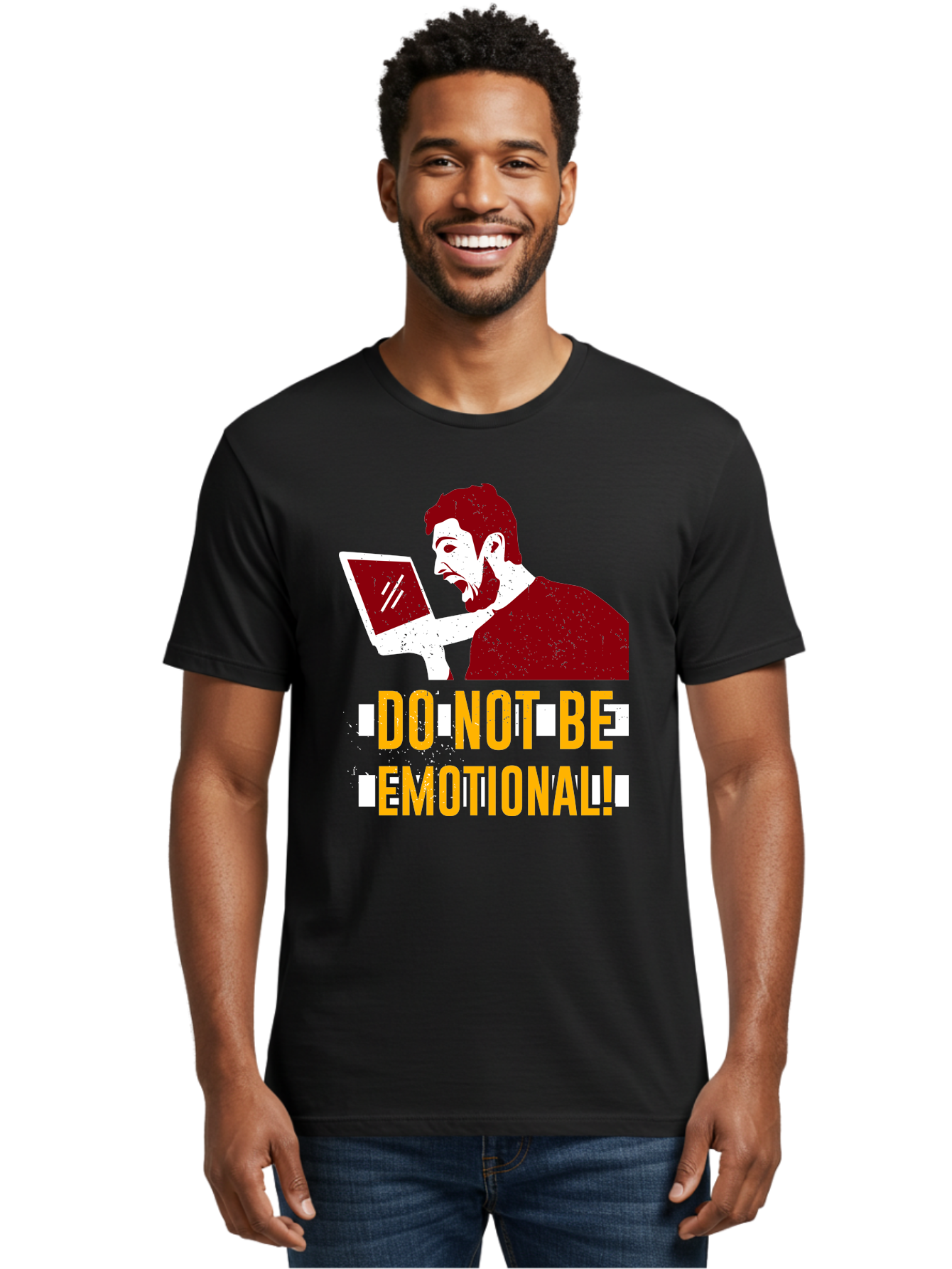 Do-Not-Be-Emotional Men'S Graphic Tee, 100% Cotton, Comfortable Casual Summer Wear, Machine Washable, Man Using Laptop, Shocked Expression, Emotional Response, Warning Message, Motivational Quote, Self-Control Reminder, Online Interaction -  Aaa622