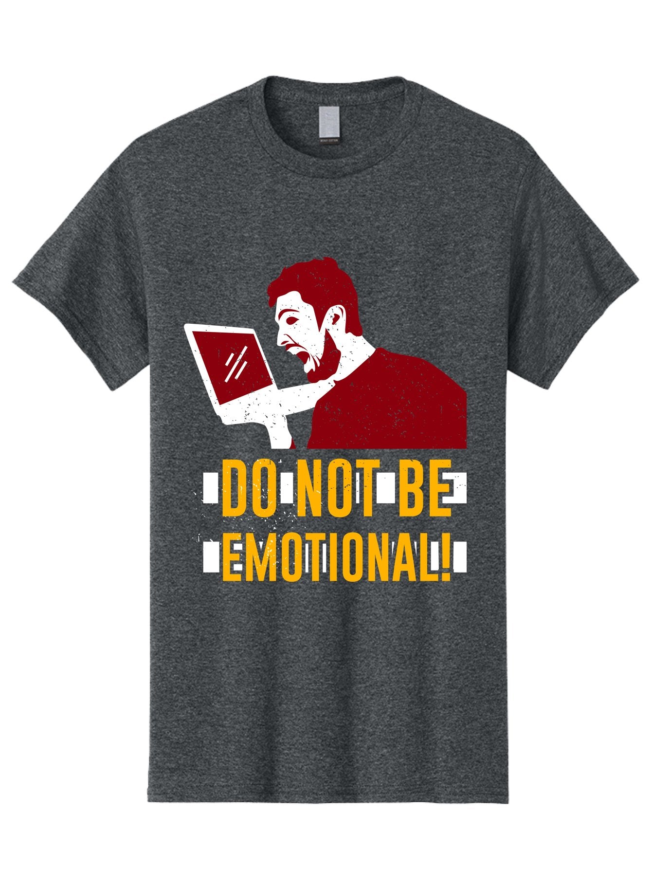 Do-Not-Be-Emotional Men'S Graphic Tee, 100% Cotton, Comfortable Casual Summer Wear, Machine Washable, Man Using Laptop, Shocked Expression, Emotional Response, Warning Message, Motivational Quote, Self-Control Reminder, Online Interaction -  Aaa622