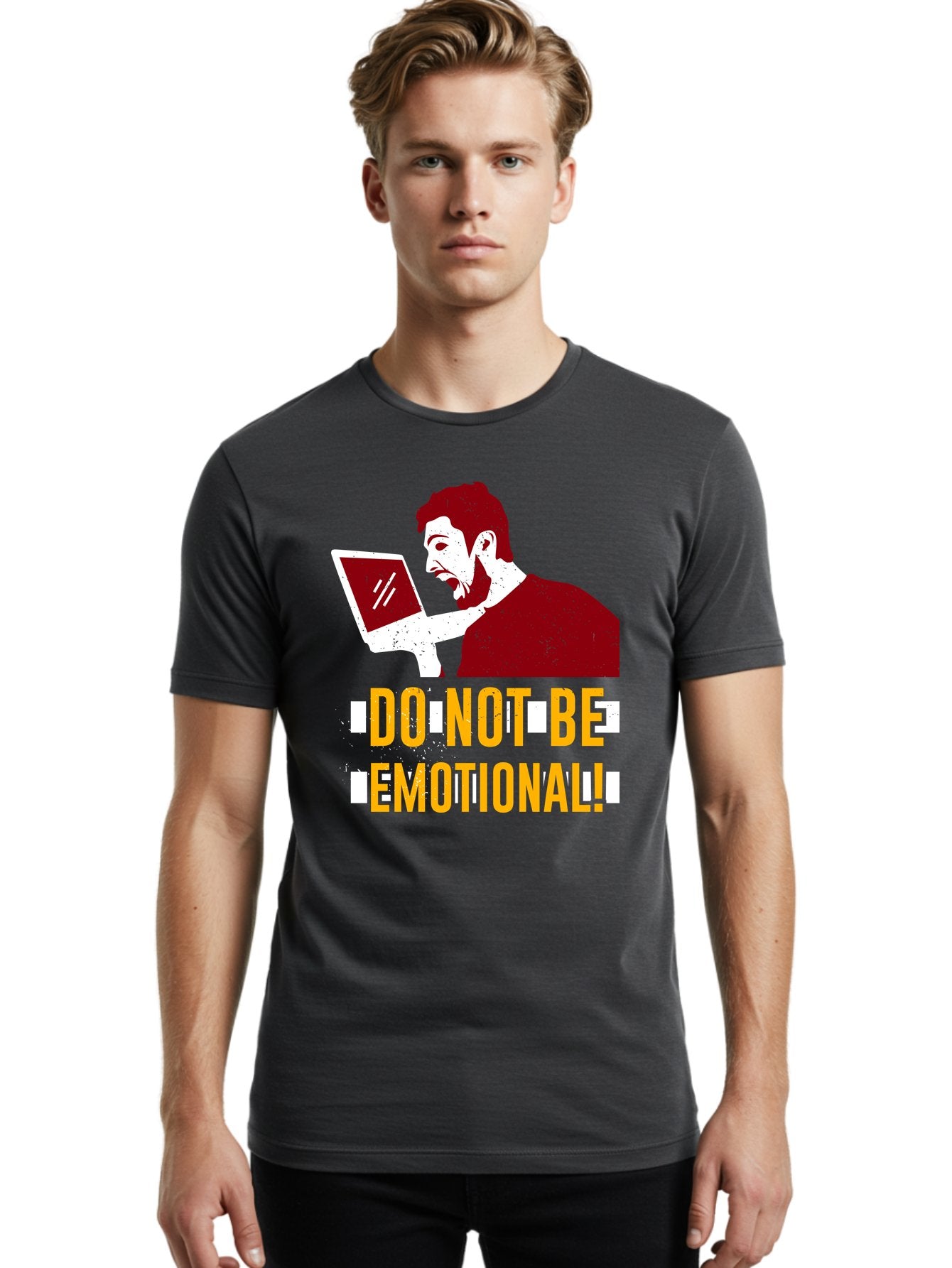 Do-Not-Be-Emotional Men'S Graphic Tee, 100% Cotton, Comfortable Casual Summer Wear, Machine Washable, Man Using Laptop, Shocked Expression, Emotional Response, Warning Message, Motivational Quote, Self-Control Reminder, Online Interaction -  Aaa622 19