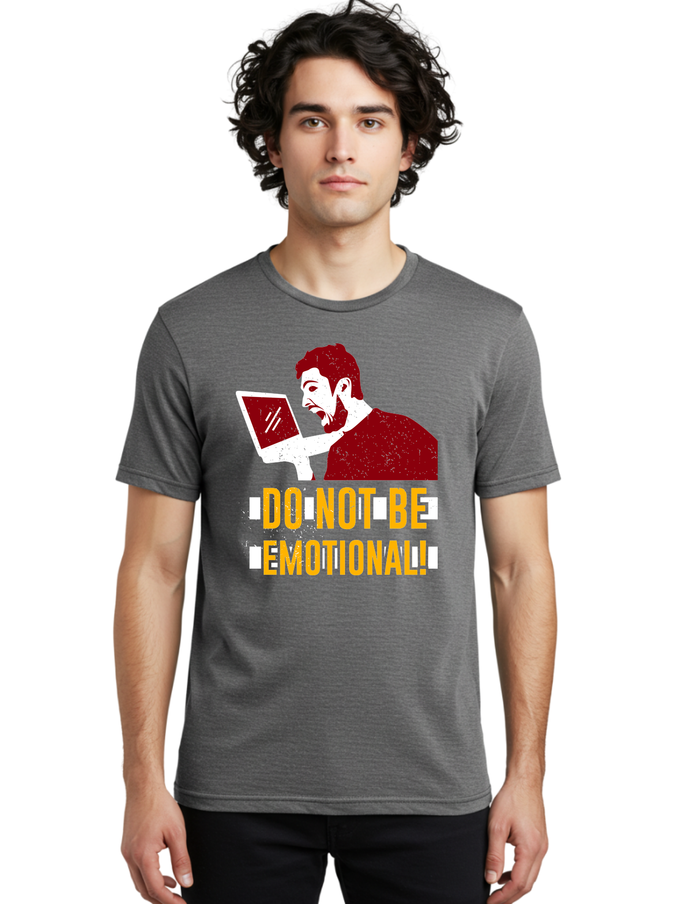 Do-Not-Be-Emotional Men'S Graphic Tee, 100% Cotton, Comfortable Casual Summer Wear, Machine Washable, Man Using Laptop, Shocked Expression, Emotional Response, Warning Message, Motivational Quote, Self-Control Reminder, Online Interaction -  Aaa622 10