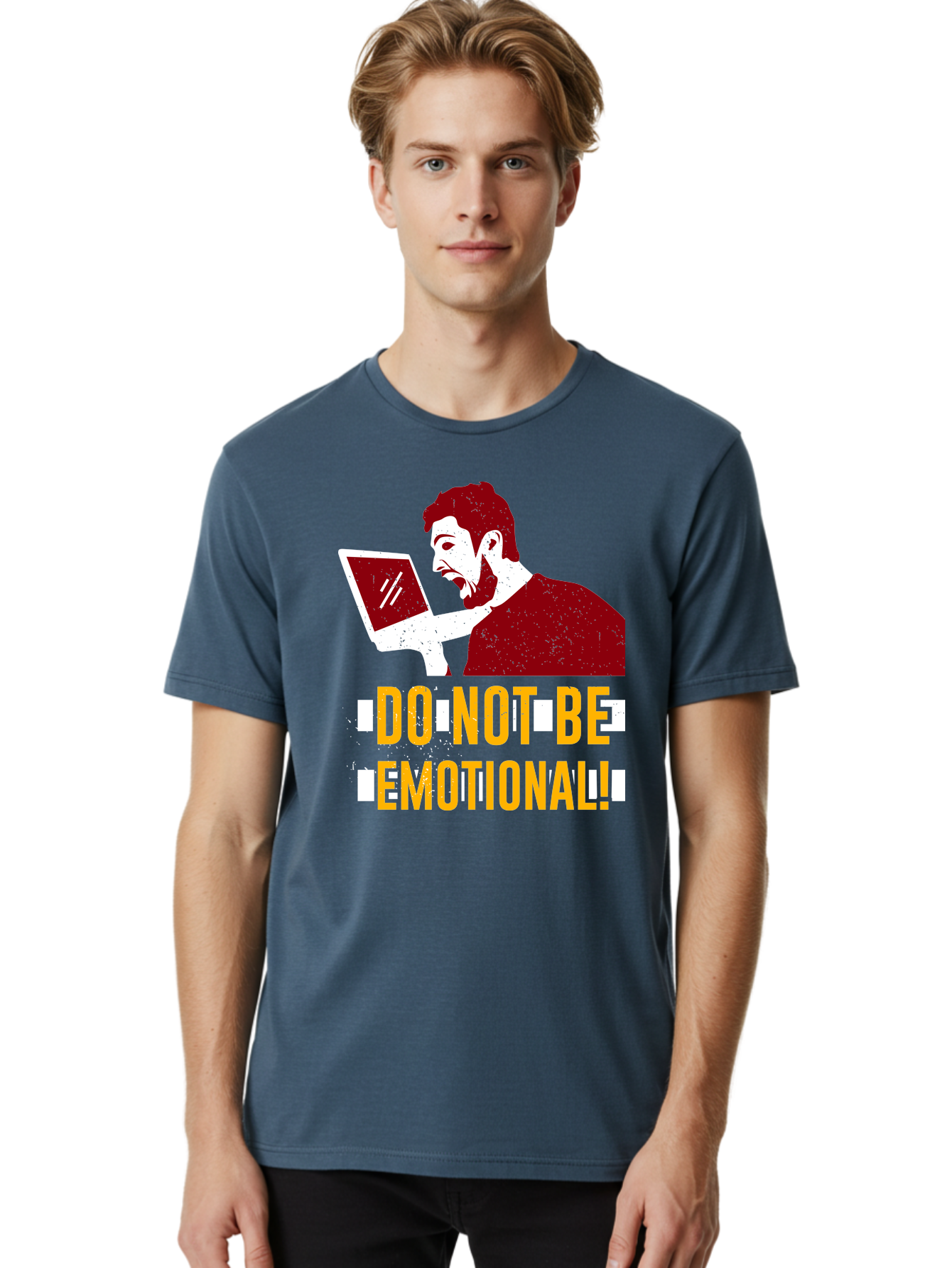 Do-Not-Be-Emotional Men'S Graphic Tee, 100% Cotton, Comfortable Casual Summer Wear, Machine Washable, Man Using Laptop, Shocked Expression, Emotional Response, Warning Message, Motivational Quote, Self-Control Reminder, Online Interaction -  Aaa622 12