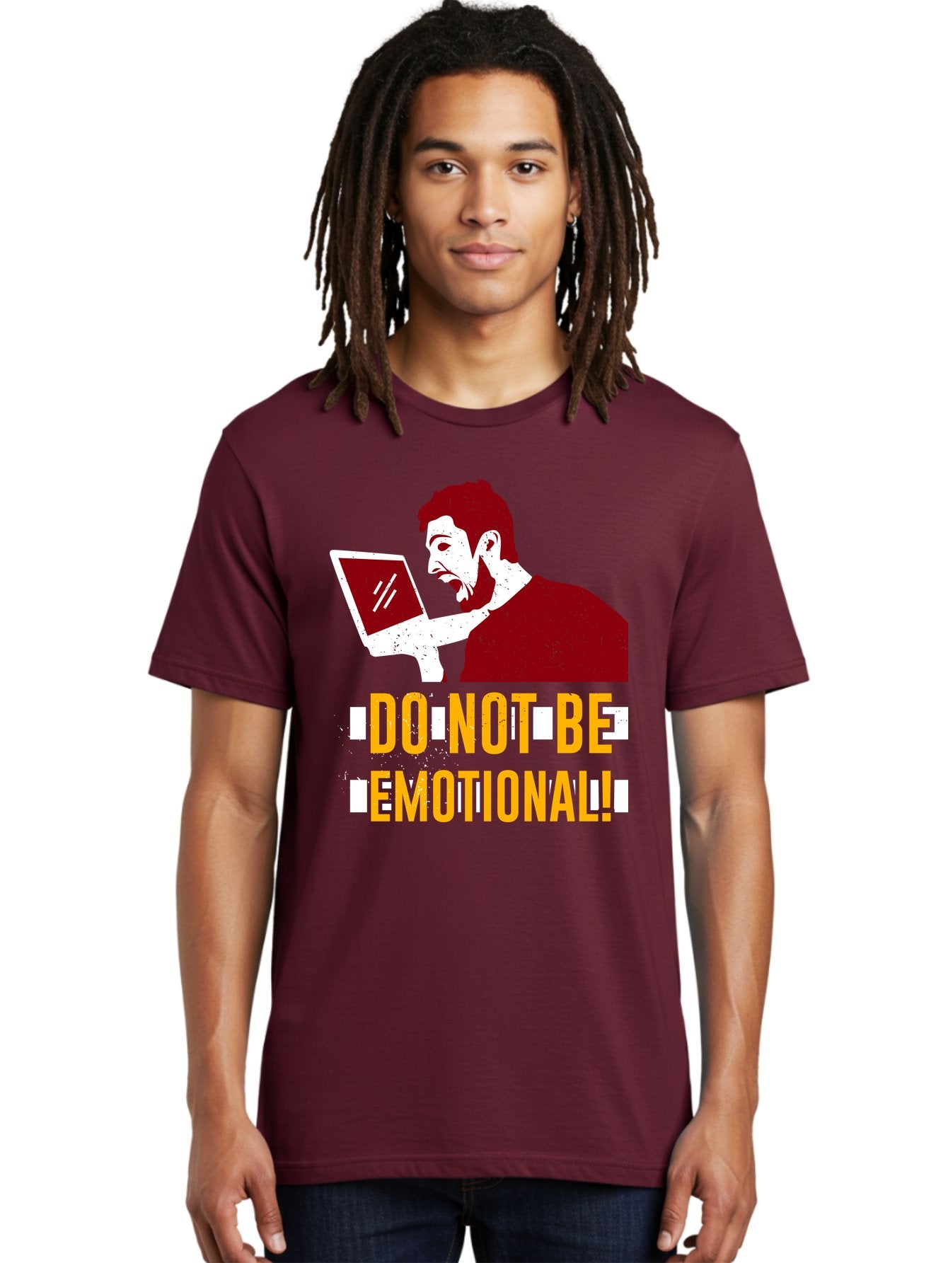 Do-Not-Be-Emotional Men'S Graphic Tee, 100% Cotton, Comfortable Casual Summer Wear, Machine Washable, Man Using Laptop, Shocked Expression, Emotional Response, Warning Message, Motivational Quote, Self-Control Reminder, Online Interaction -  Aaa622 27