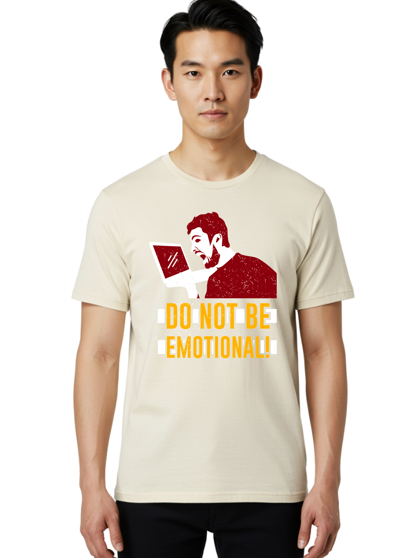 Do-Not-Be-Emotional Men'S Graphic Tee, 100% Cotton, Comfortable Casual Summer Wear, Machine Washable, Man Using Laptop, Shocked Expression, Emotional Response, Warning Message, Motivational Quote, Self-Control Reminder, Online Interaction -  Aaa622 18