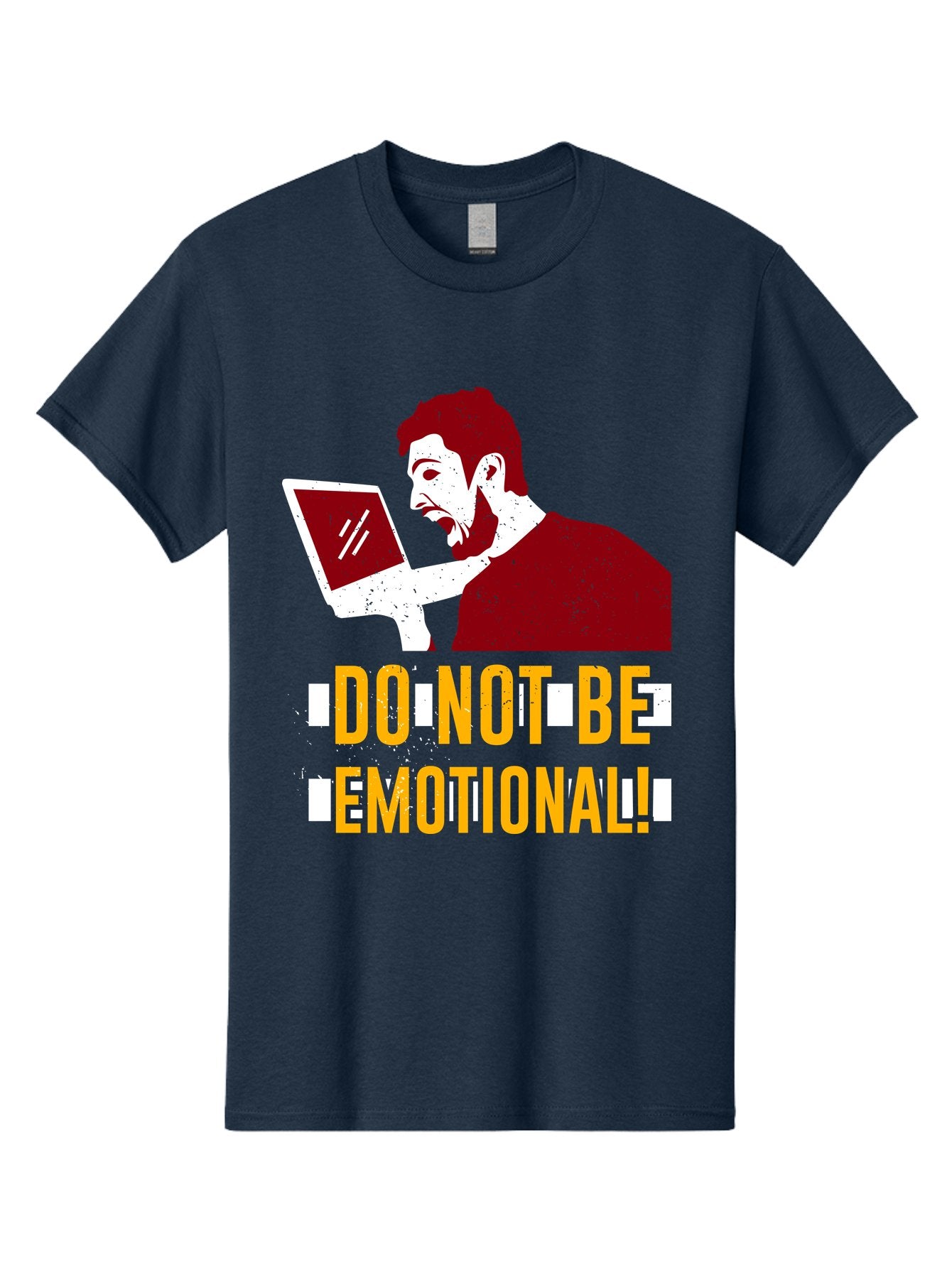 Do-Not-Be-Emotional Men'S Graphic Tee, 100% Cotton, Comfortable Casual Summer Wear, Machine Washable, Man Using Laptop, Shocked Expression, Emotional Response, Warning Message, Motivational Quote, Self-Control Reminder, Online Interaction -  Aaa622