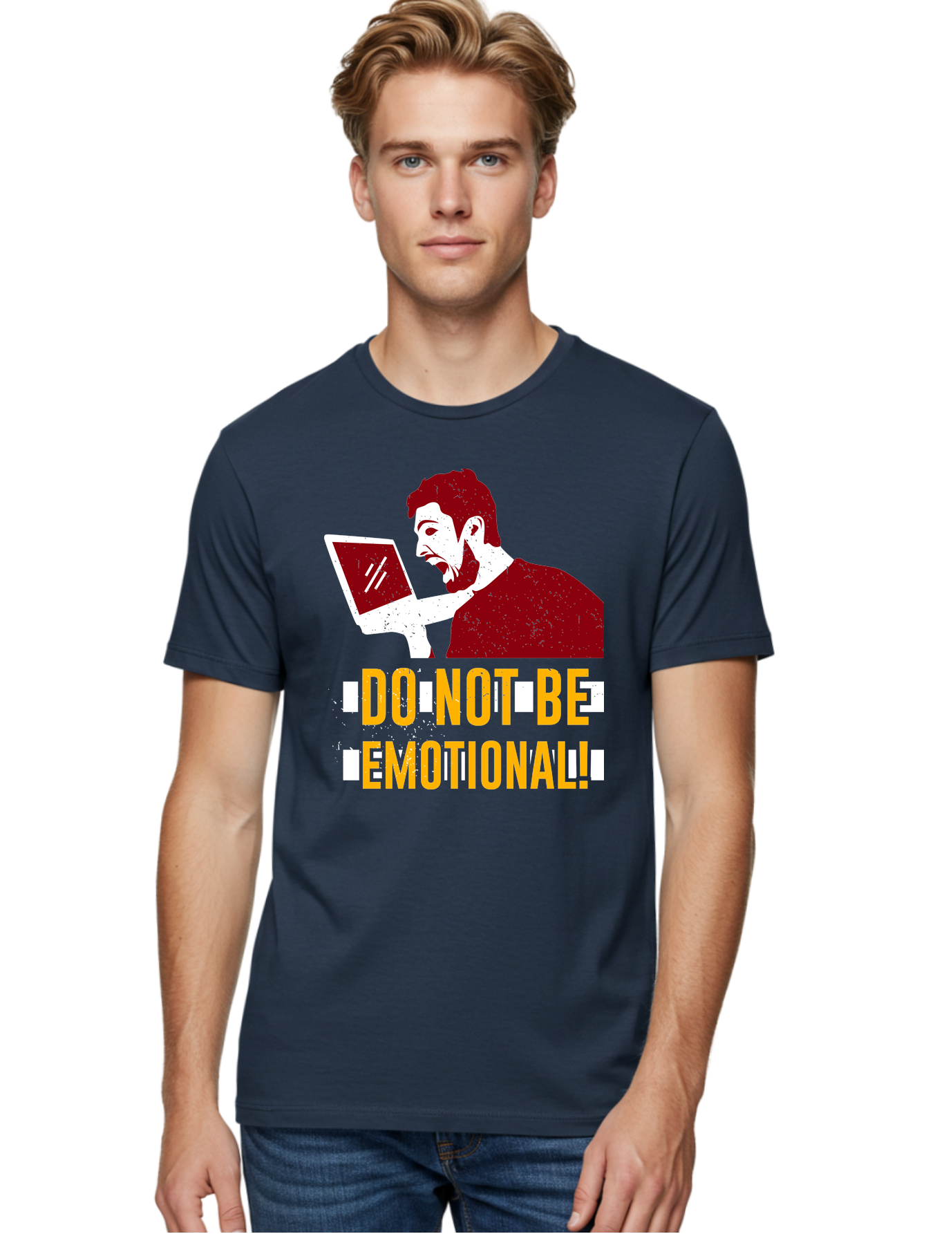 Do-Not-Be-Emotional Men'S Graphic Tee, 100% Cotton, Comfortable Casual Summer Wear, Machine Washable, Man Using Laptop, Shocked Expression, Emotional Response, Warning Message, Motivational Quote, Self-Control Reminder, Online Interaction -  Aaa622 20