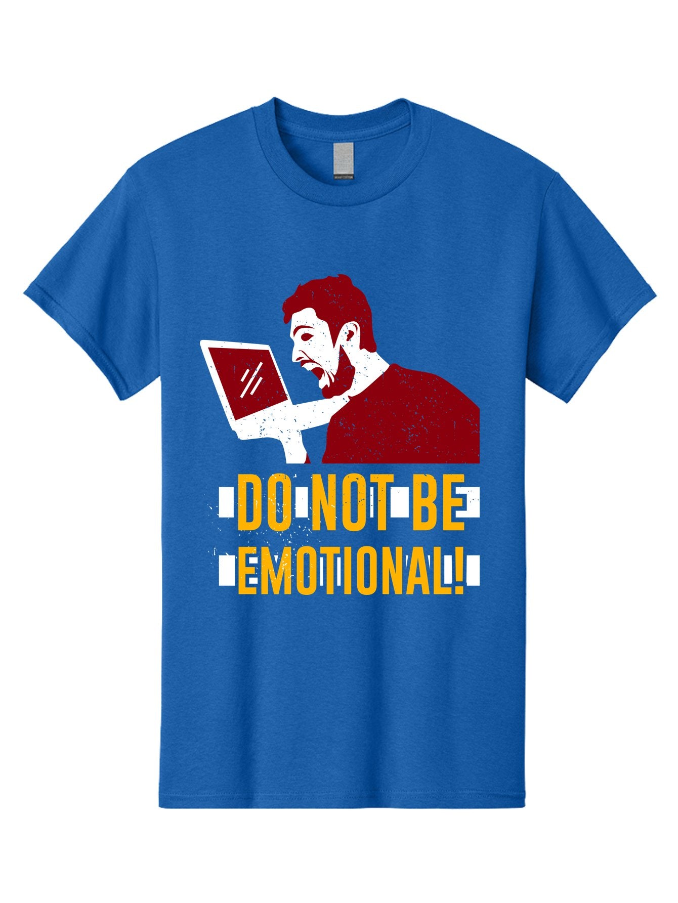 Do-Not-Be-Emotional Men'S Graphic Tee, 100% Cotton, Comfortable Casual Summer Wear, Machine Washable, Man Using Laptop, Shocked Expression, Emotional Response, Warning Message, Motivational Quote, Self-Control Reminder, Online Interaction -  Aaa622 15