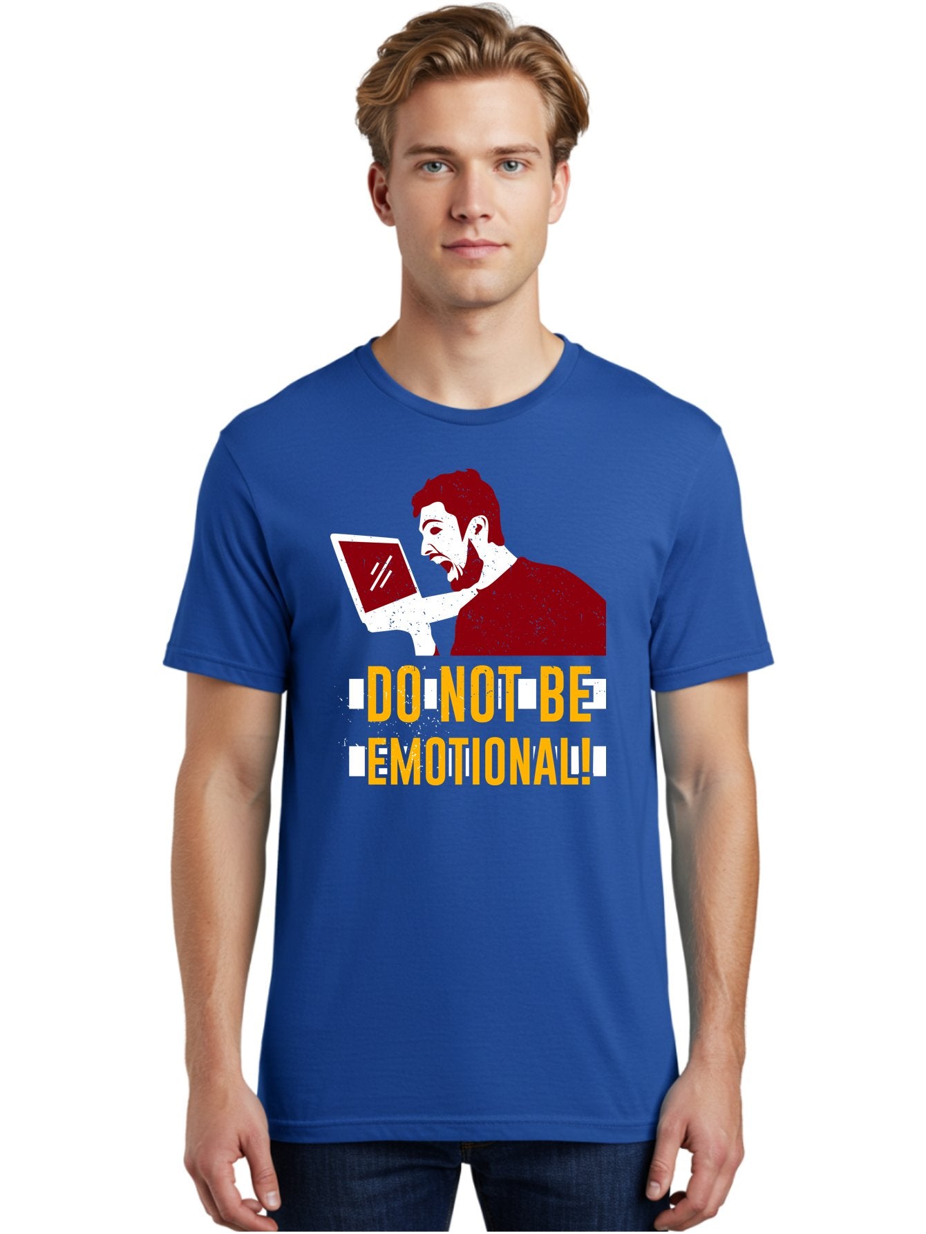 Do-Not-Be-Emotional Men'S Graphic Tee, 100% Cotton, Comfortable Casual Summer Wear, Machine Washable, Man Using Laptop, Shocked Expression, Emotional Response, Warning Message, Motivational Quote, Self-Control Reminder, Online Interaction -  Aaa622 30