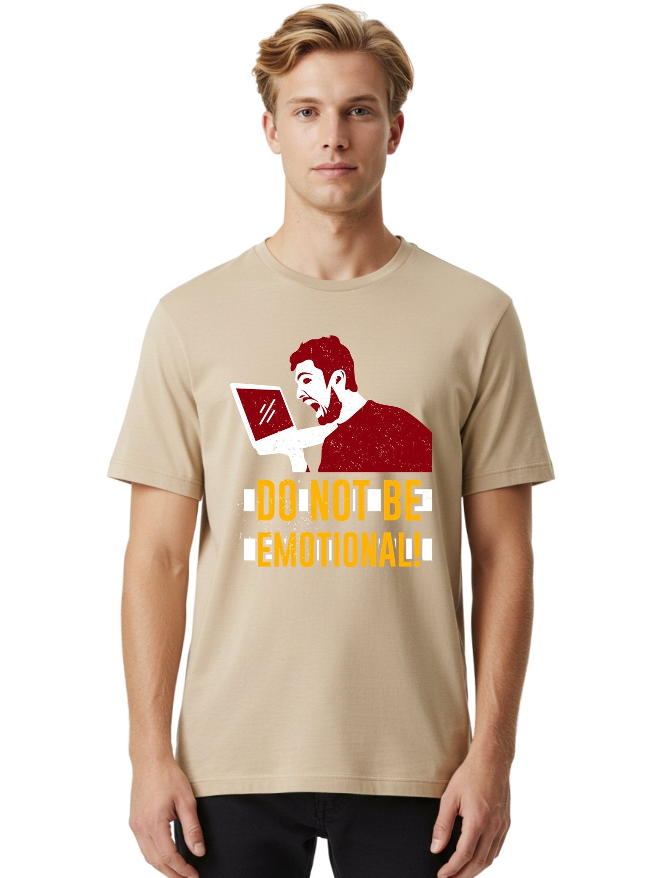 Do-Not-Be-Emotional Men'S Graphic Tee, 100% Cotton, Comfortable Casual Summer Wear, Machine Washable, Man Using Laptop, Shocked Expression, Emotional Response, Warning Message, Motivational Quote, Self-Control Reminder, Online Interaction -  Aaa622 20