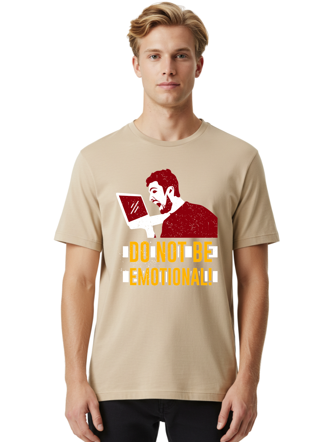 Do-Not-Be-Emotional Men'S Graphic Tee, 100% Cotton, Comfortable Casual Summer Wear, Machine Washable, Man Using Laptop, Shocked Expression, Emotional Response, Warning Message, Motivational Quote, Self-Control Reminder, Online Interaction -  Aaa622 28