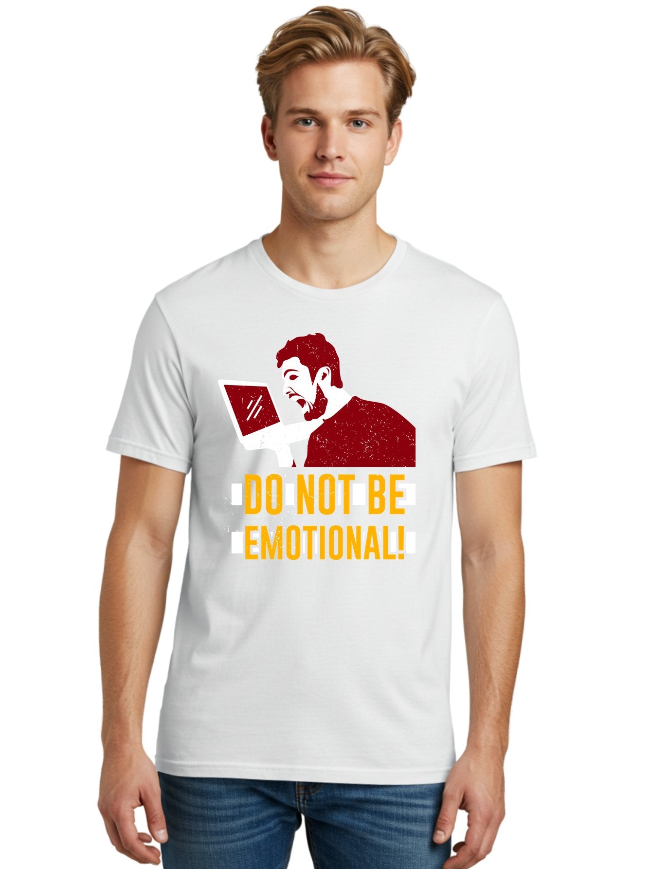 Do-Not-Be-Emotional Men'S Graphic Tee, 100% Cotton, Comfortable Casual Summer Wear, Machine Washable, Man Using Laptop, Shocked Expression, Emotional Response, Warning Message, Motivational Quote, Self-Control Reminder, Online Interaction -  Aaa622 23