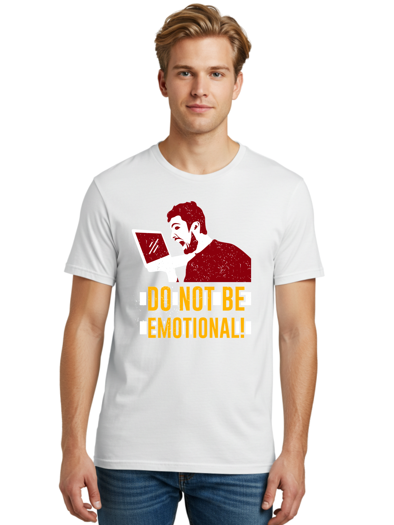 Do-Not-Be-Emotional Men'S Graphic Tee, 100% Cotton, Comfortable Casual Summer Wear, Machine Washable, Man Using Laptop, Shocked Expression, Emotional Response, Warning Message, Motivational Quote, Self-Control Reminder, Online Interaction -  Aaa622 30