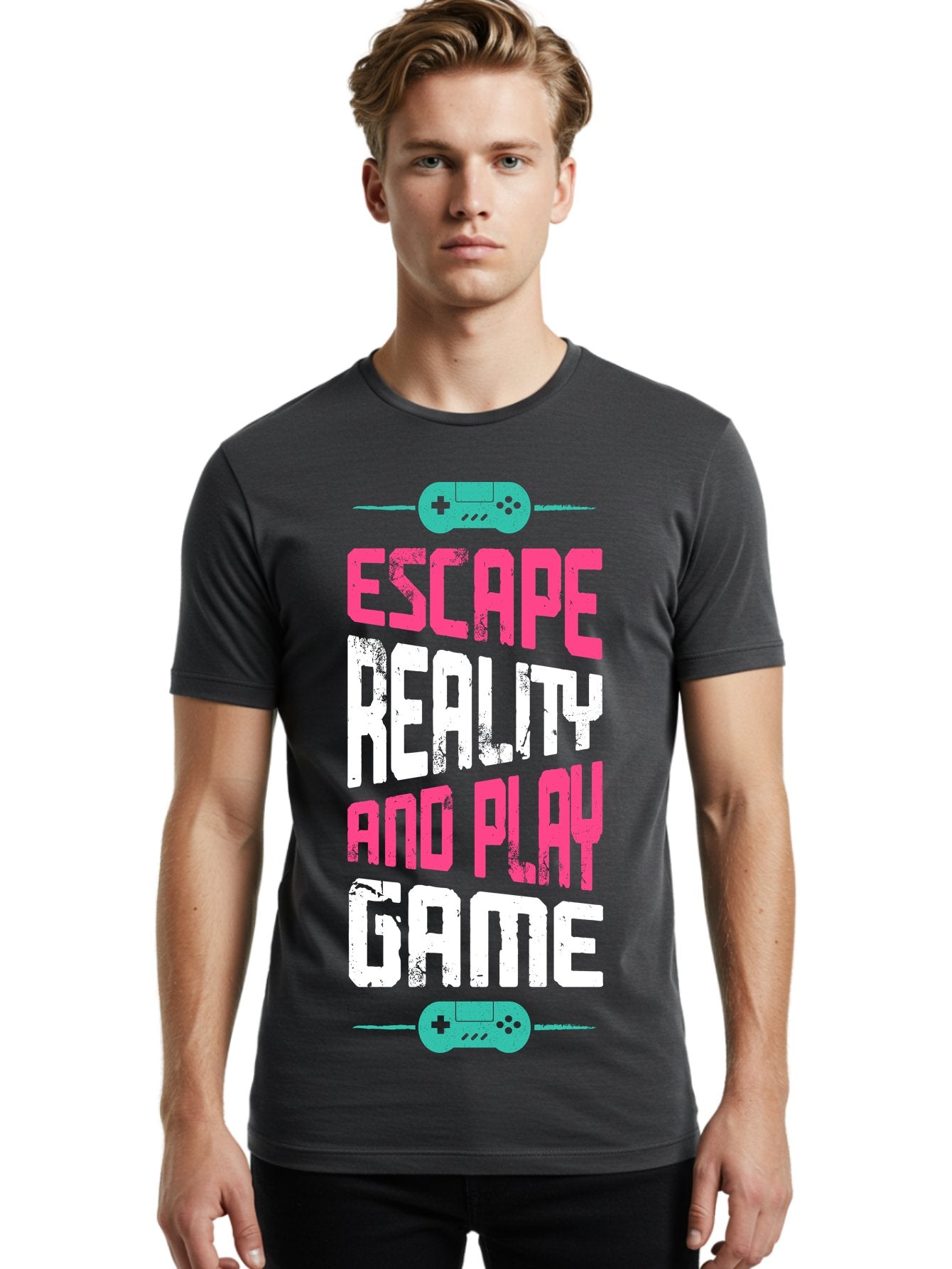 Escape-Reality-And-Play-Game Men'S Graphic Tee, 100% Cotton, Comfortable Casual Summer Wear, Machine Washable, Escape Reality, Play Game, Immersive Gaming Experience, Escape Room Theme, Gaming Advertisement, Interactive Entertainment, -  Aaa627 27