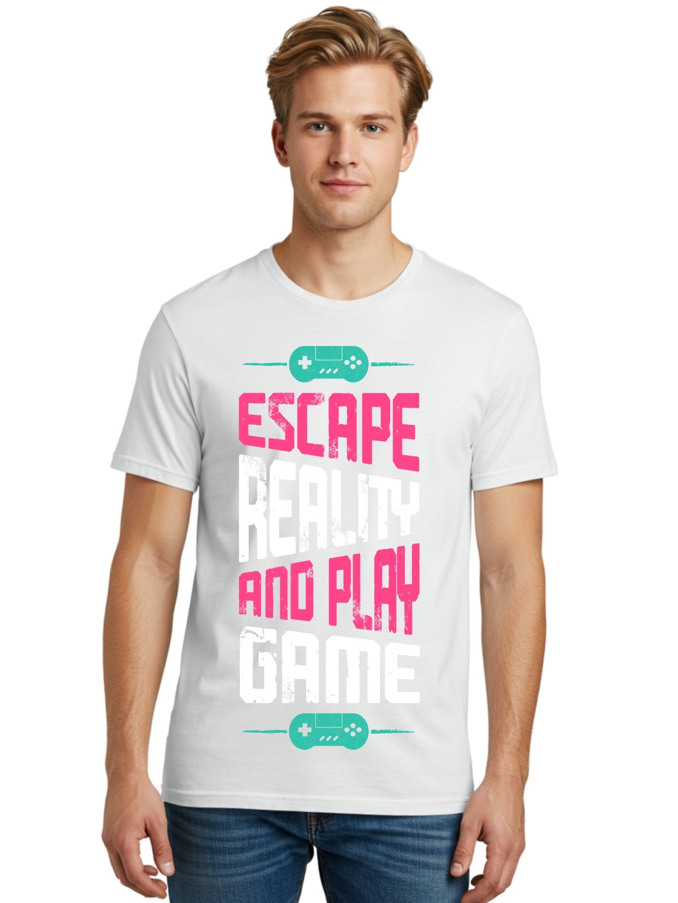 Escape-Reality-And-Play-Game Men'S Graphic Tee, 100% Cotton, Comfortable Casual Summer Wear, Machine Washable, Escape Reality, Play Game, Immersive Gaming Experience, Escape Room Theme, Gaming Advertisement, Interactive Entertainment, -  Aaa627 20