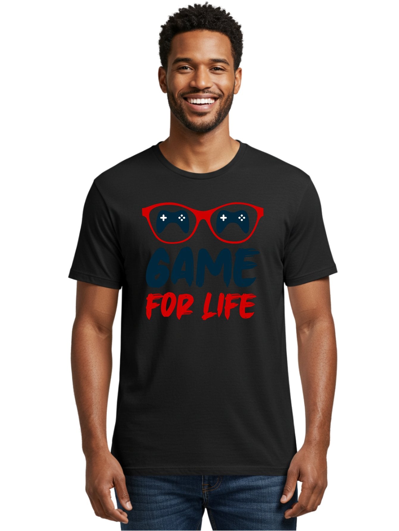 Game-For-Life Men'S Graphic Tee, 100% Cotton, Comfortable Casual Summer Wear, Machine Washable, Gaming Culture, Game Controllers, Video Games, Gamer Lifestyle, Game For Life, Gaming Community, Fun, Entertainment, Red Glasses -  Aaa630 19