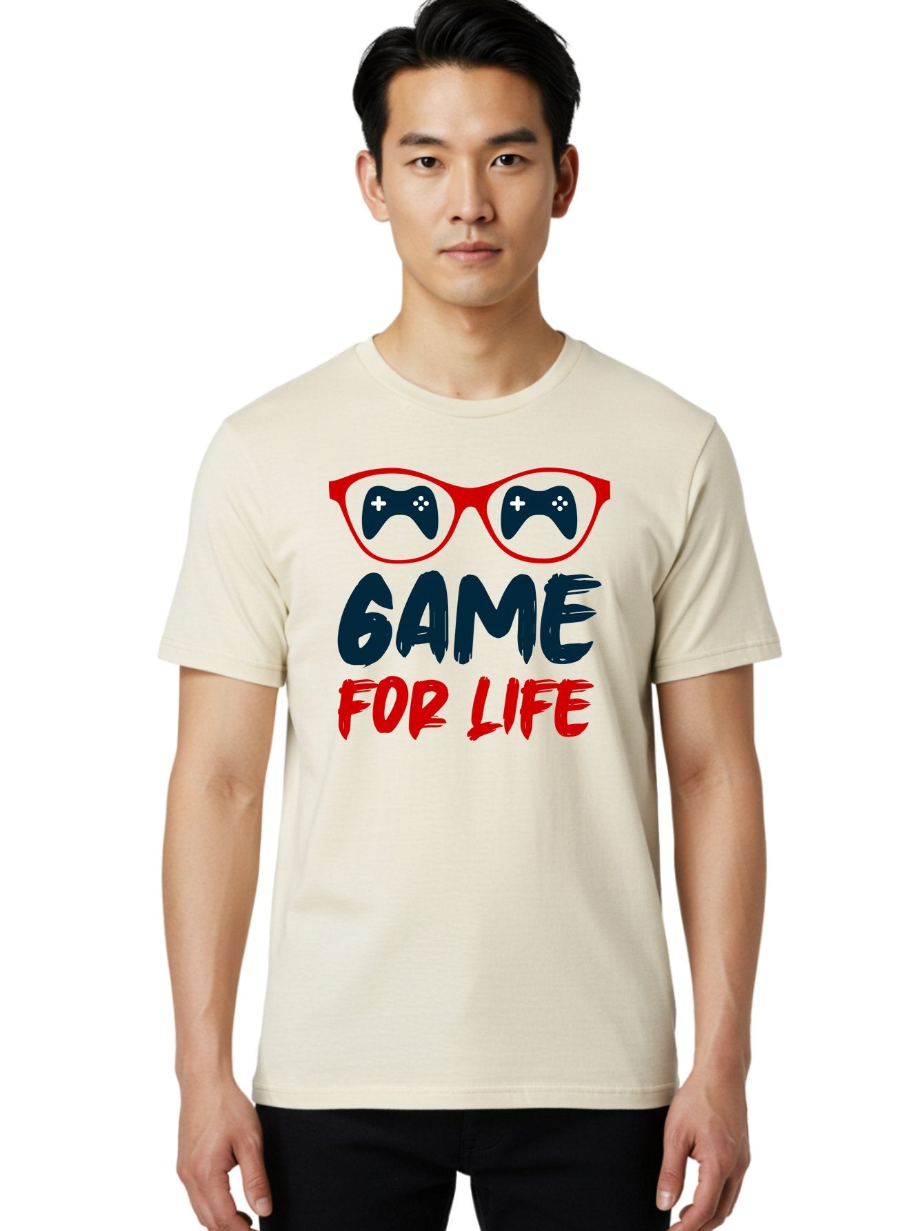 Game-For-Life Men'S Graphic Tee, 100% Cotton, Comfortable Casual Summer Wear, Machine Washable, Gaming Culture, Game Controllers, Video Games, Gamer Lifestyle, Game For Life, Gaming Community, Fun, Entertainment, Red Glasses -  Aaa630 27