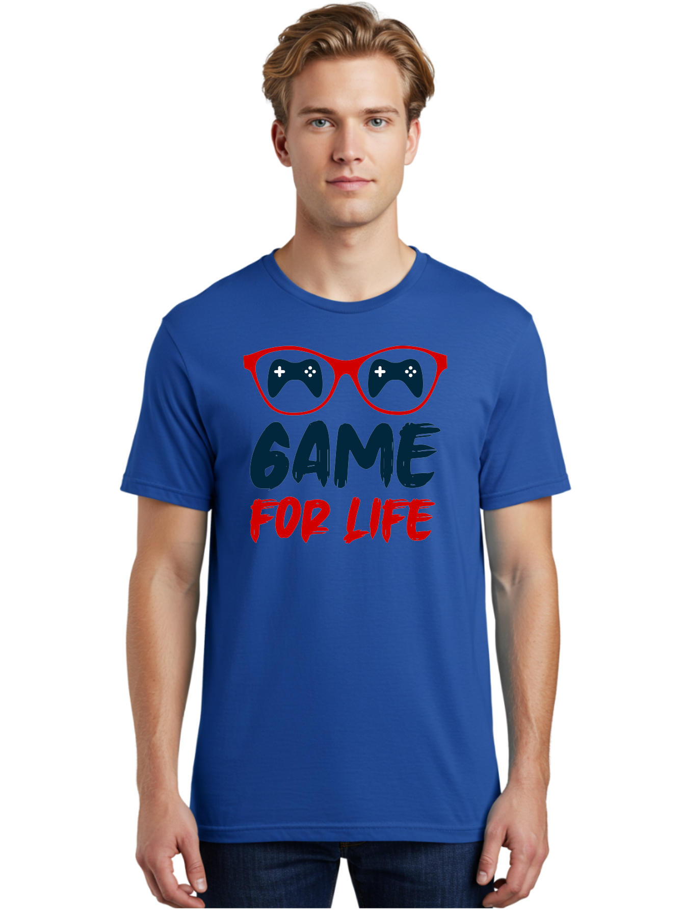 Game-For-Life Men'S Graphic Tee, 100% Cotton, Comfortable Casual Summer Wear, Machine Washable, Gaming Culture, Game Controllers, Video Games, Gamer Lifestyle, Game For Life, Gaming Community, Fun, Entertainment, Red Glasses -  Aaa630