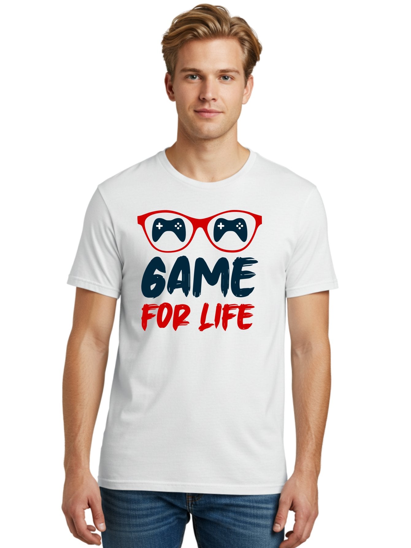 Game-For-Life Men'S Graphic Tee, 100% Cotton, Comfortable Casual Summer Wear, Machine Washable, Gaming Culture, Game Controllers, Video Games, Gamer Lifestyle, Game For Life, Gaming Community, Fun, Entertainment, Red Glasses -  Aaa630 16