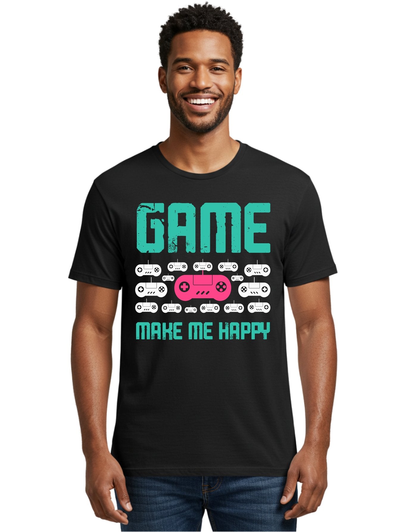 Game-Make-Me-Happy Men'S Graphic Tee, 100% Cotton, Comfortable Casual Summer Wear, Machine Washable, Gaming Controller, Gamepad, Video Games, Gaming Accessories, Positive Vibes, Happiness, Gaming, Make Me Happy -  Aaa631 23