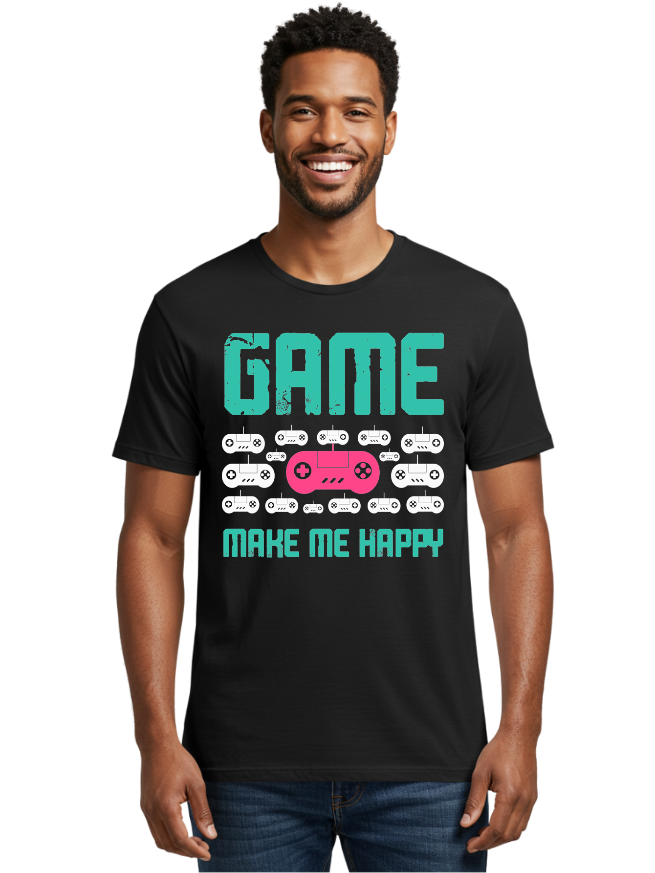 Game-Make-Me-Happy Men'S Graphic Tee, 100% Cotton, Comfortable Casual Summer Wear, Machine Washable, Gaming Controller, Gamepad, Video Games, Gaming Accessories, Positive Vibes, Happiness, Gaming, Make Me Happy -  Aaa631