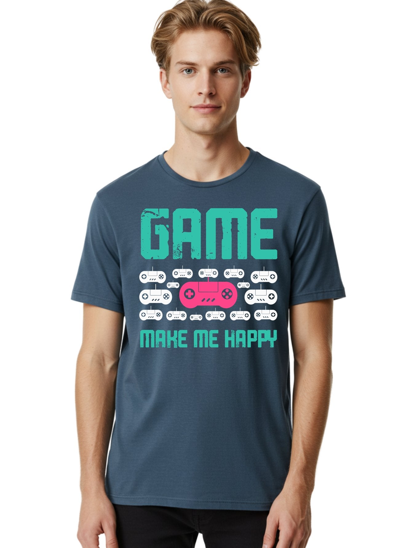 Game-Make-Me-Happy Men'S Graphic Tee, 100% Cotton, Comfortable Casual Summer Wear, Machine Washable, Gaming Controller, Gamepad, Video Games, Gaming Accessories, Positive Vibes, Happiness, Gaming, Make Me Happy -  Aaa631 25