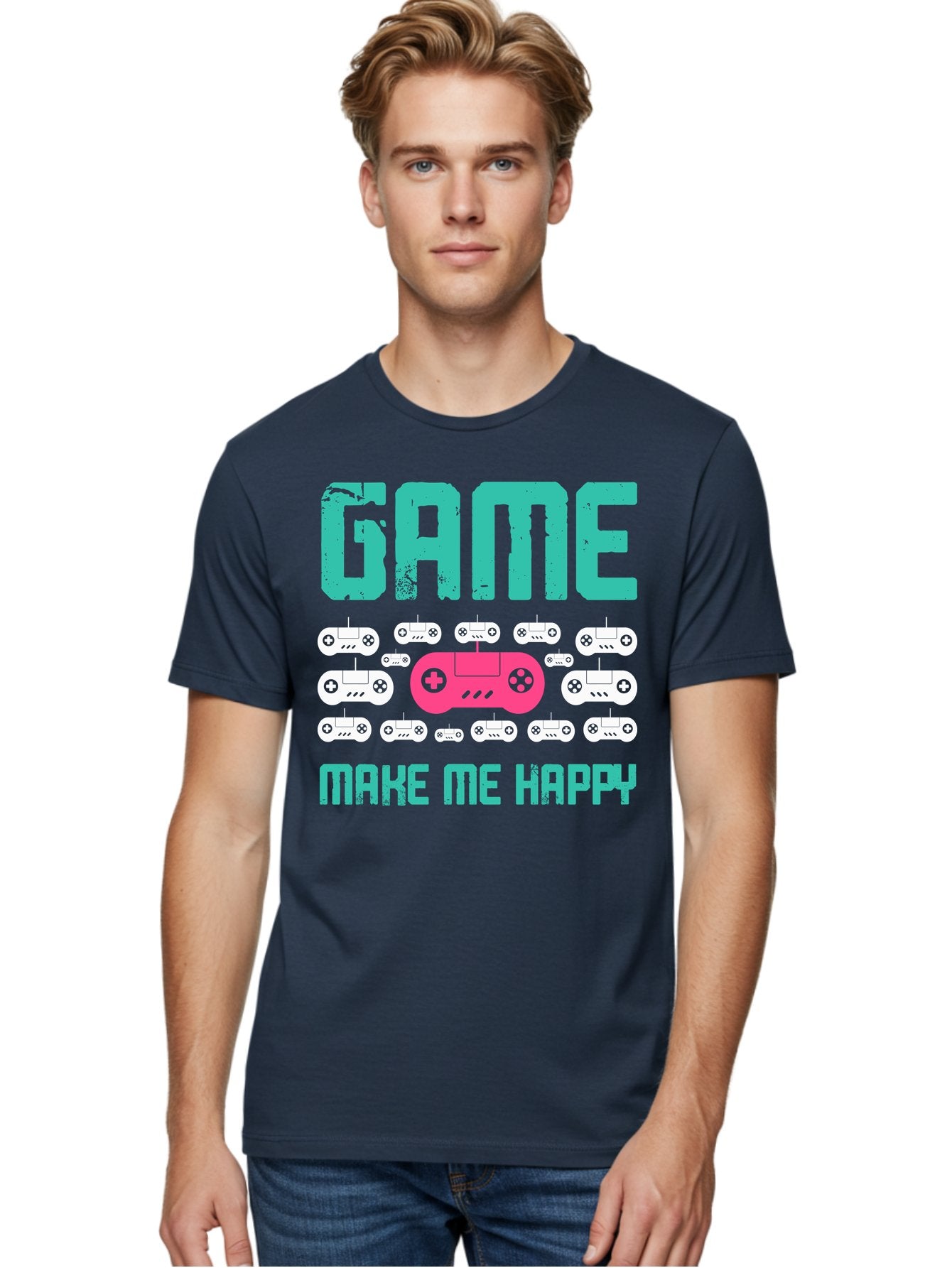 Game-Make-Me-Happy Men'S Graphic Tee, 100% Cotton, Comfortable Casual Summer Wear, Machine Washable, Gaming Controller, Gamepad, Video Games, Gaming Accessories, Positive Vibes, Happiness, Gaming, Make Me Happy -  Aaa631 26