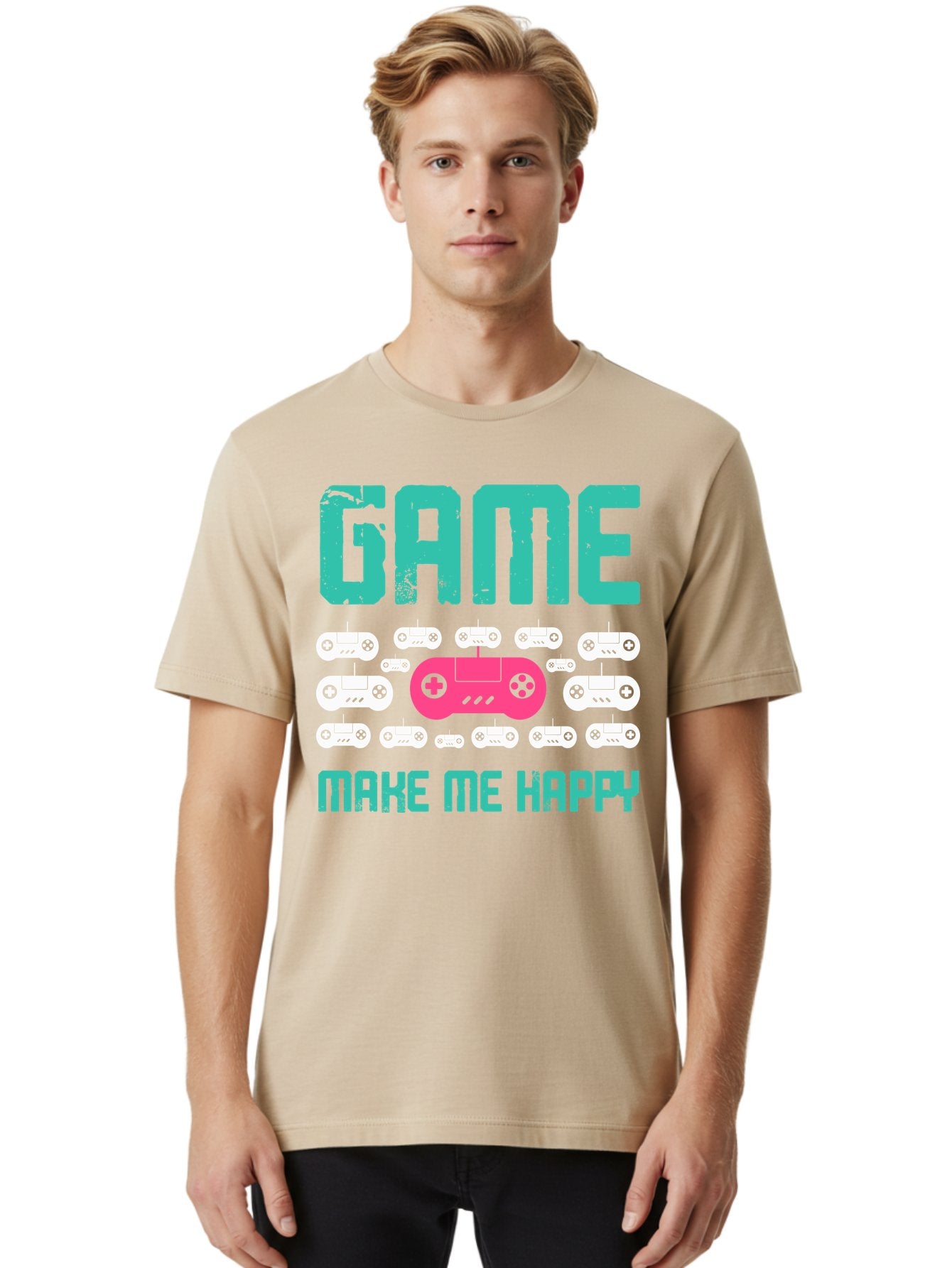 Game-Make-Me-Happy Men'S Graphic Tee, 100% Cotton, Comfortable Casual Summer Wear, Machine Washable, Gaming Controller, Gamepad, Video Games, Gaming Accessories, Positive Vibes, Happiness, Gaming, Make Me Happy -  Aaa631 16