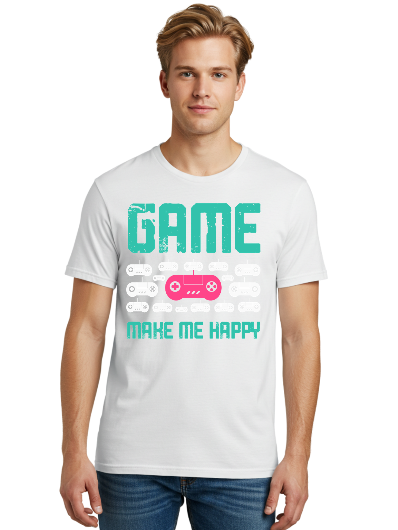 Game-Make-Me-Happy Men'S Graphic Tee, 100% Cotton, Comfortable Casual Summer Wear, Machine Washable, Gaming Controller, Gamepad, Video Games, Gaming Accessories, Positive Vibes, Happiness, Gaming, Make Me Happy -  Aaa631 30