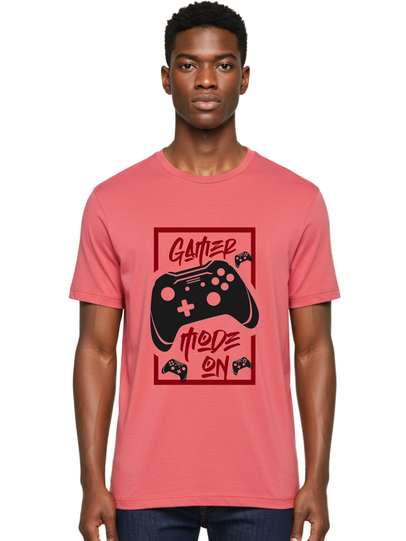 Gamer-Mode-On Men'S Graphic Tee, 100% Cotton, Comfortable Casual Summer Wear, Machine Washable, Game Controller, Gaming Graphics, Video Game Console, Game Mode On, Gather Mode, Gamer Culture, Gaming Community, Game On, Red And Green Design -  Aaa634 26