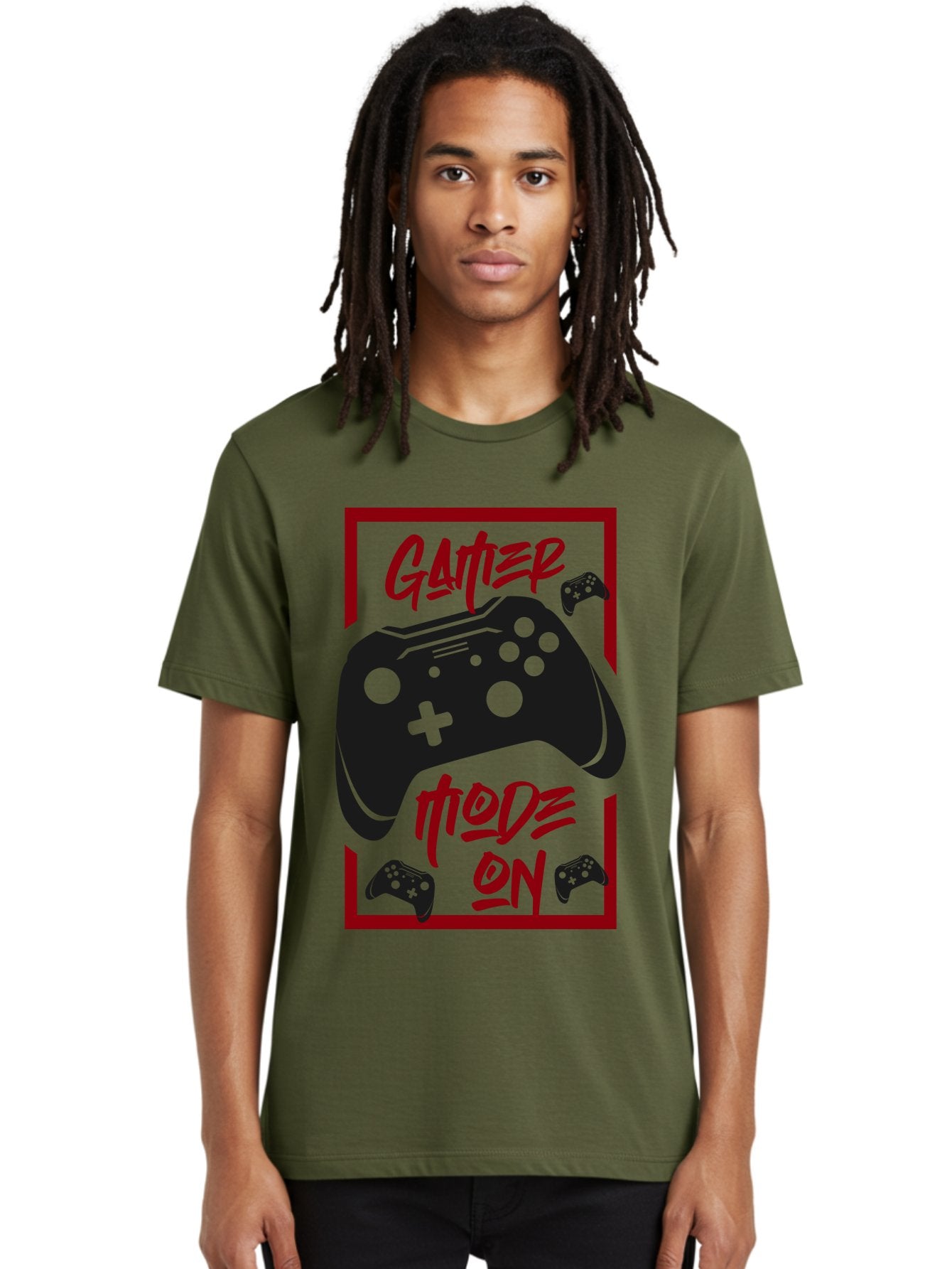 Gamer-Mode-On Men'S Graphic Tee, 100% Cotton, Comfortable Casual Summer Wear, Machine Washable, Game Controller, Gaming Graphics, Video Game Console, Game Mode On, Gather Mode, Gamer Culture, Gaming Community, Game On, Red And Green Design -  Aaa634 24