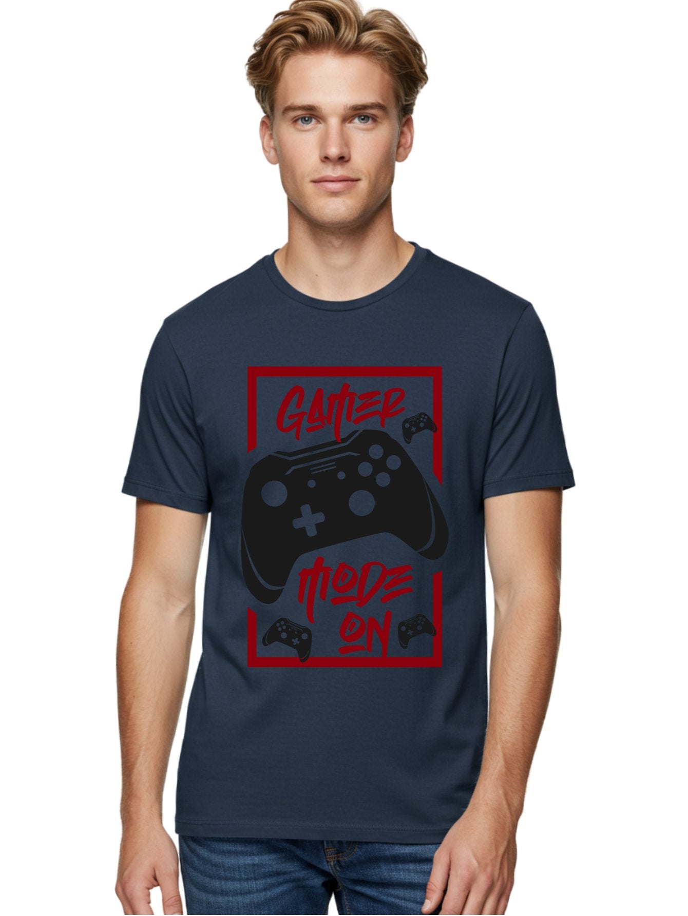 Gamer-Mode-On Men'S Graphic Tee, 100% Cotton, Comfortable Casual Summer Wear, Machine Washable, Game Controller, Gaming Graphics, Video Game Console, Game Mode On, Gather Mode, Gamer Culture, Gaming Community, Game On, Red And Green Design -  Aaa634 20