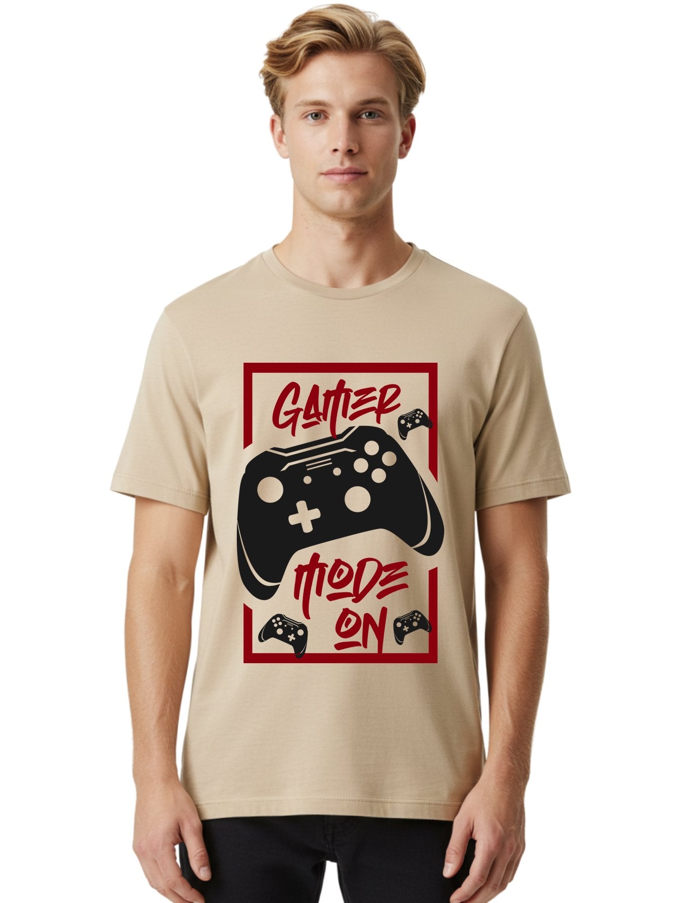 Gamer-Mode-On Men'S Graphic Tee, 100% Cotton, Comfortable Casual Summer Wear, Machine Washable, Game Controller, Gaming Graphics, Video Game Console, Game Mode On, Gather Mode, Gamer Culture, Gaming Community, Game On, Red And Green Design -  Aaa634 23