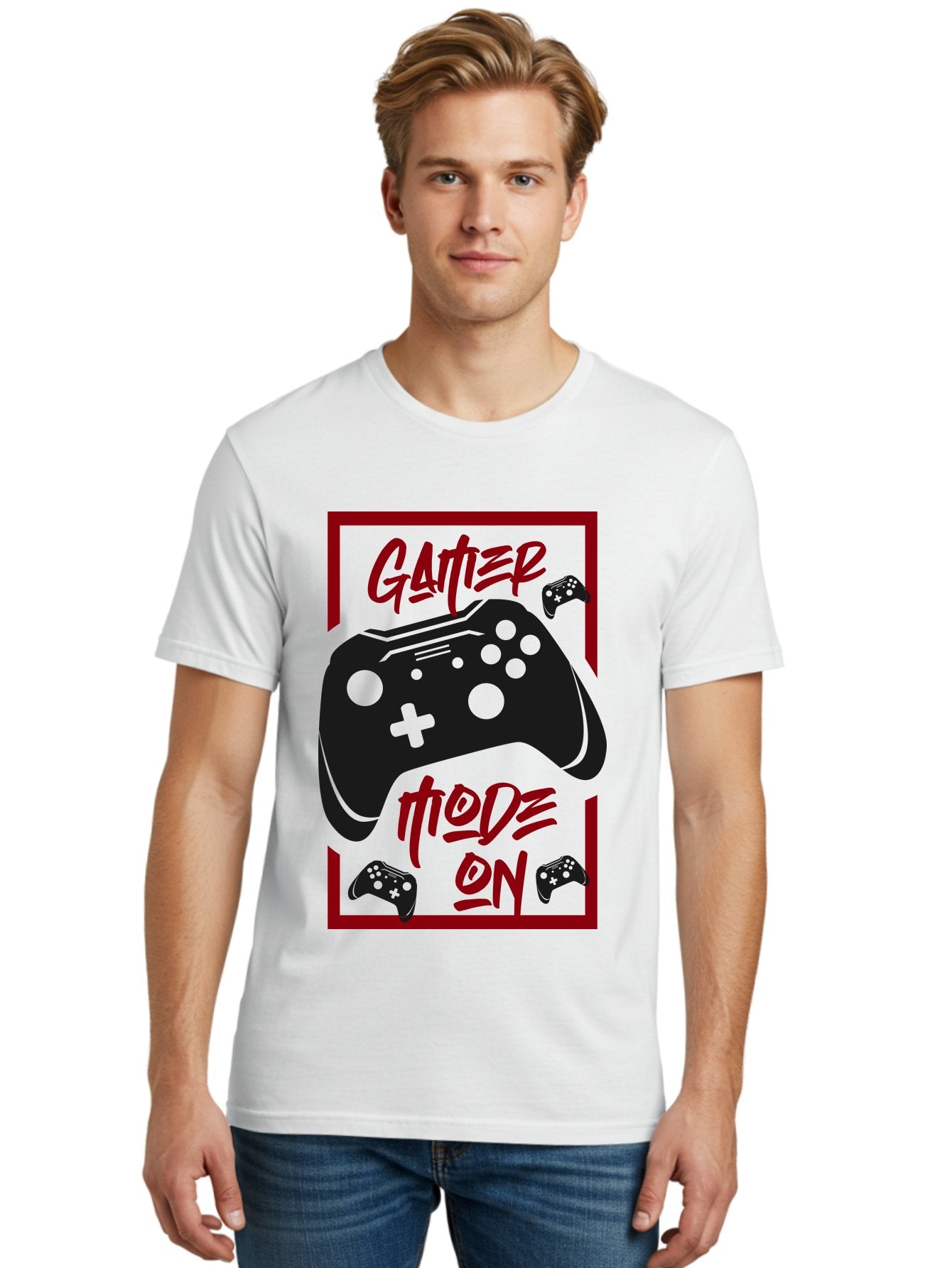 Gamer-Mode-On Men'S Graphic Tee, 100% Cotton, Comfortable Casual Summer Wear, Machine Washable, Game Controller, Gaming Graphics, Video Game Console, Game Mode On, Gather Mode, Gamer Culture, Gaming Community, Game On, Red And Green Design -  Aaa634 16