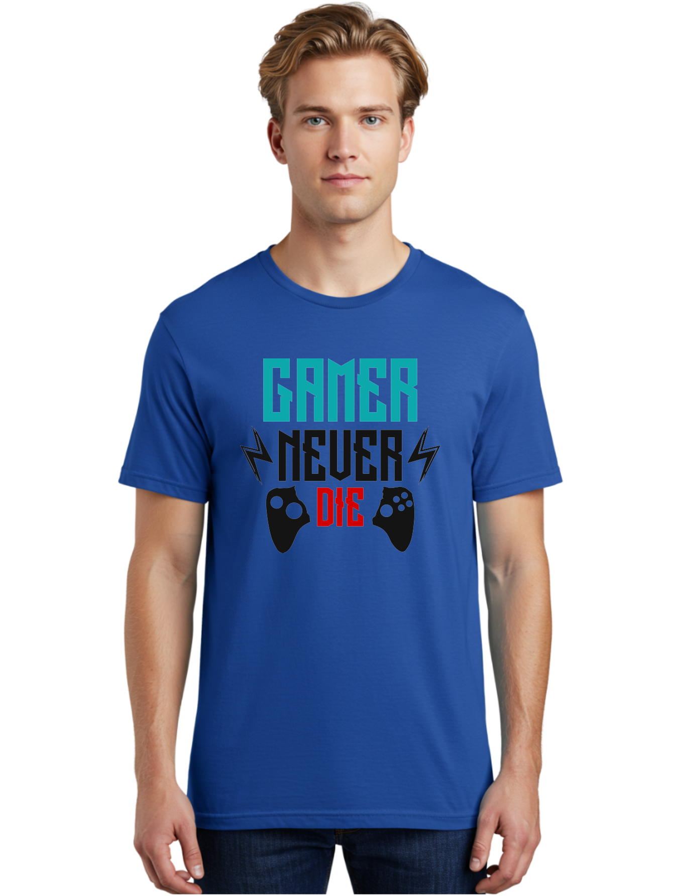 Gamer-Never-Die Men'S Graphic Tee, 100% Cotton, Comfortable Casual Summer Wear, Machine Washable, Gaming Culture, Gaming Controllers, Motivational Quote, Gamer Lifestyle, Video Games, Gaming Community, Game On -  Aaa635