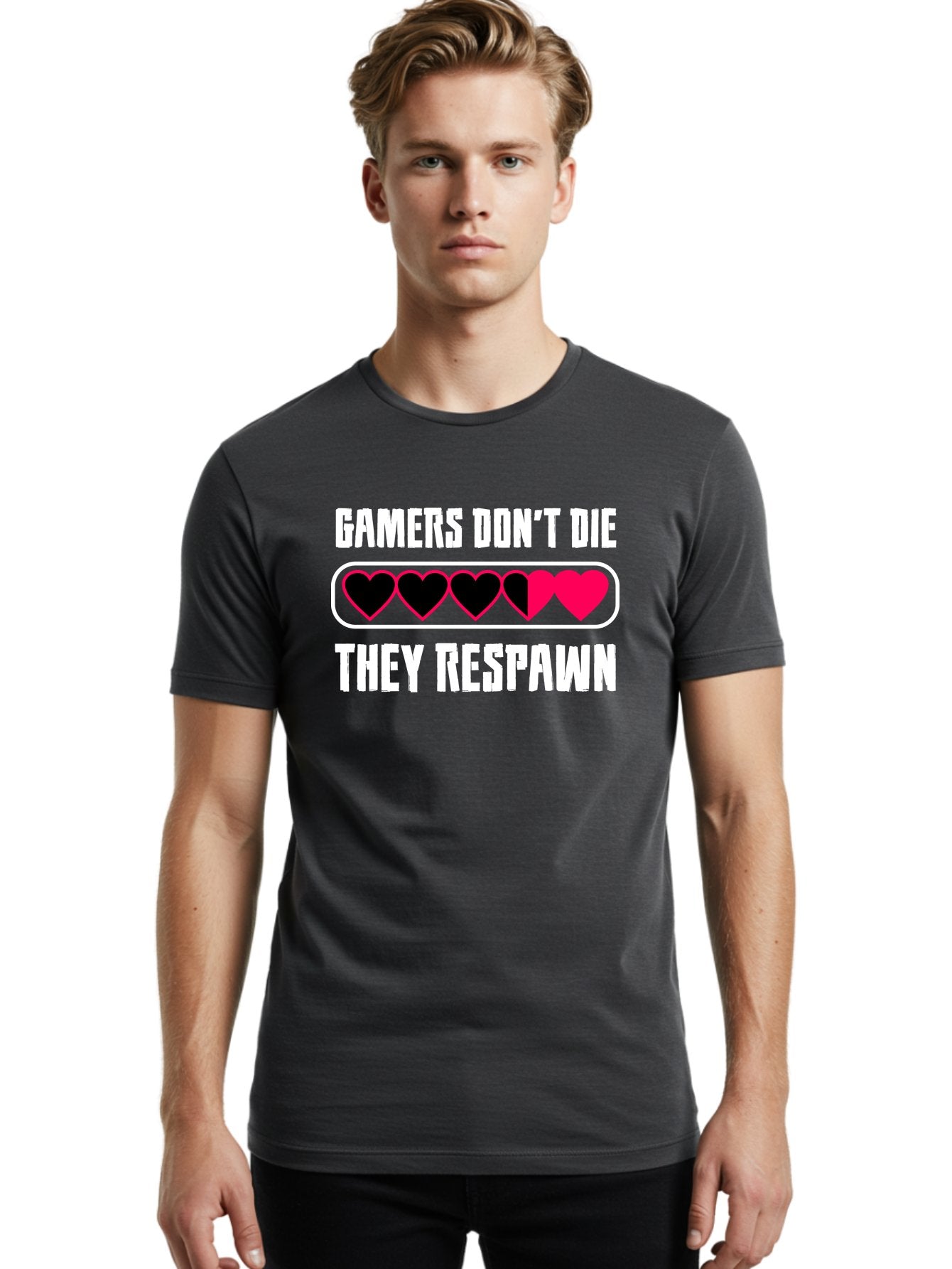 Gamers-Don-T-Die-They-Respwan Men'S Graphic Tee, 100% Cotton, Comfortable Casual Summer Wear, Machine Washable, Gaming Quote, Gamer Life, Respawn, Video Game Humor, Gaming Culture, Gamer Hearts, Digital Entertainment, Gaming Phrase -  Aaa637 17