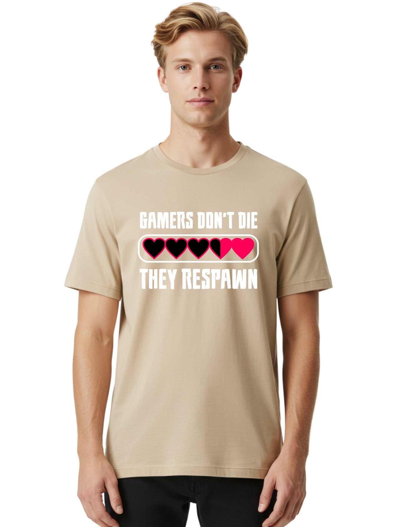 Gamers-Don-T-Die-They-Respwan Men'S Graphic Tee, 100% Cotton, Comfortable Casual Summer Wear, Machine Washable, Gaming Quote, Gamer Life, Respawn, Video Game Humor, Gaming Culture, Gamer Hearts, Digital Entertainment, Gaming Phrase -  Aaa637 27
