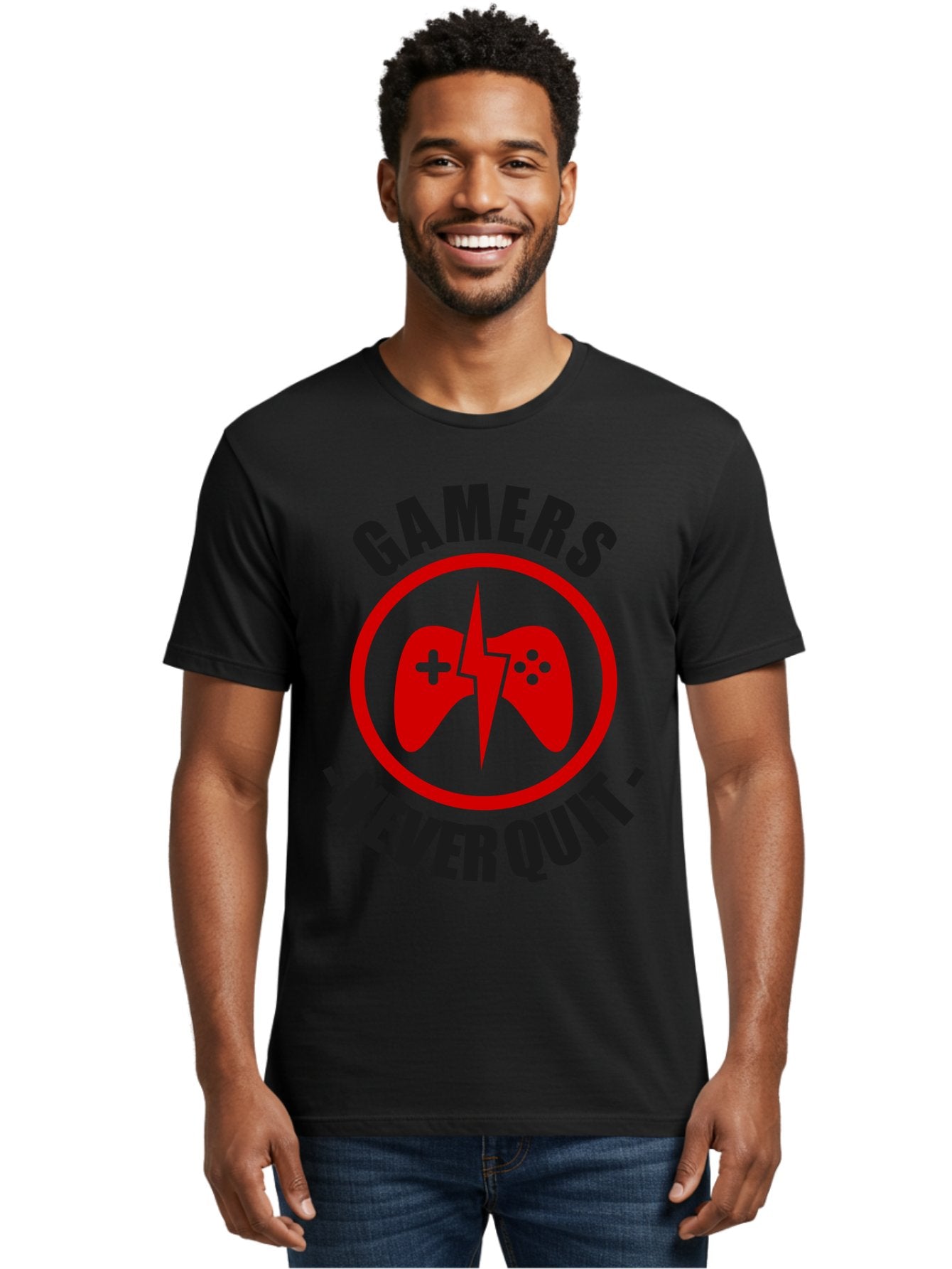 Gamers-Never-Quit Men'S Graphic Tee, 100% Cotton, Comfortable Casual Summer Wear, Machine Washable, Gaming Logo, Red Gamepad Symbol, Bold Typography, Motivational Quote, Never Quit Attitude, Gaming Culture, Gamer Spirit -  Aaa638 25